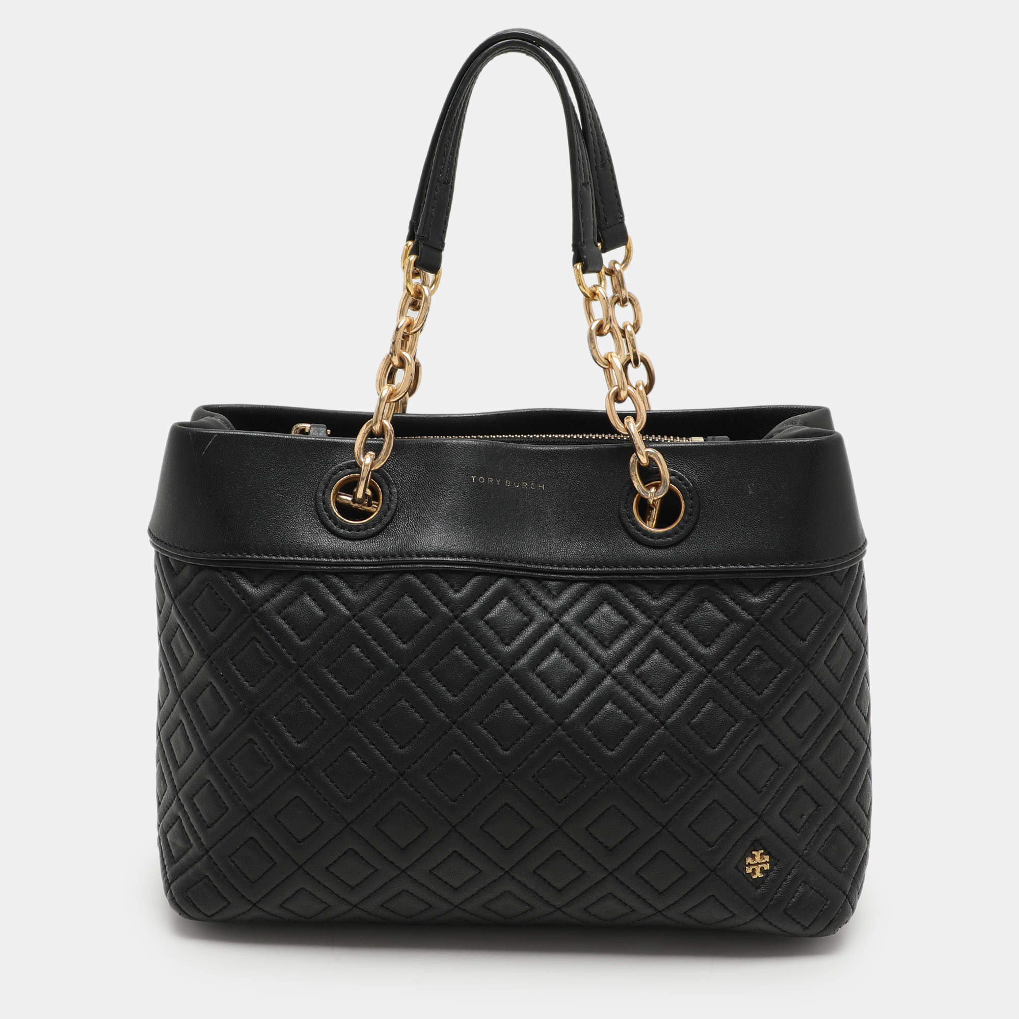 Pre Owned Tory Burch Black Quilted Leather Fleming Chain Tote