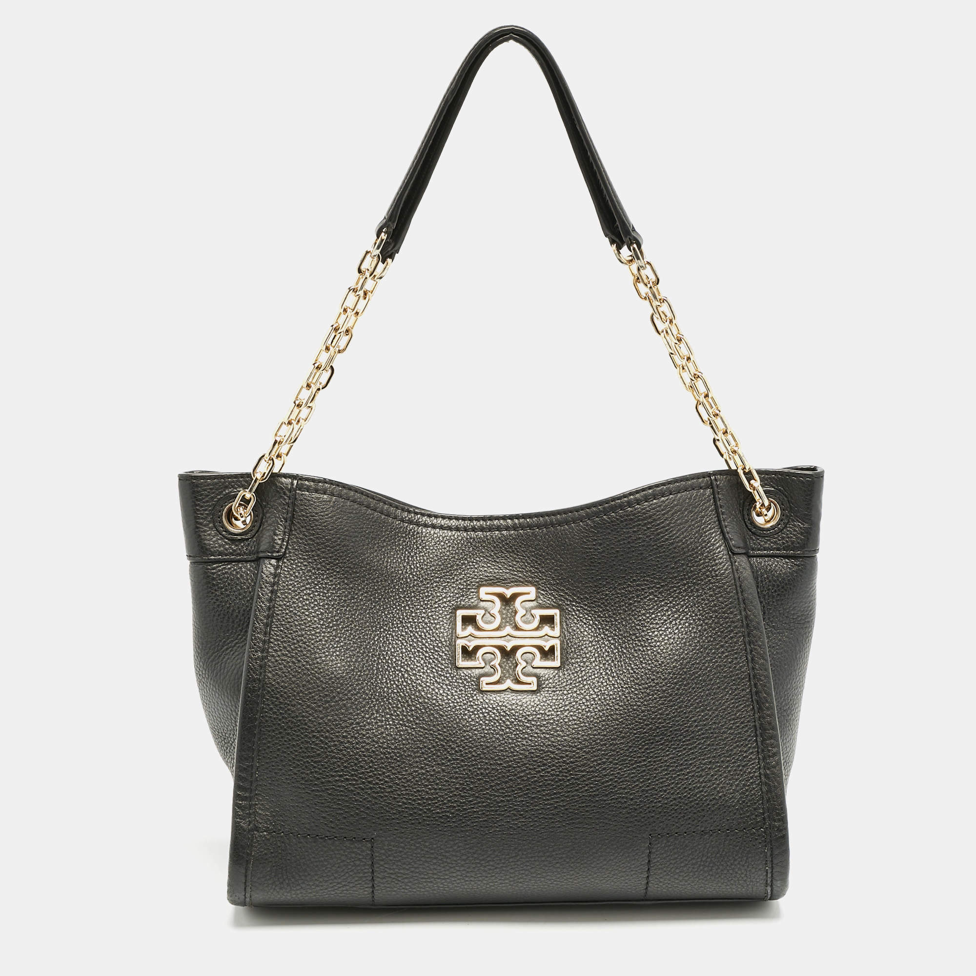 Pre Owned Tory Burch Black Leather Small Britten Slouchy Tote
