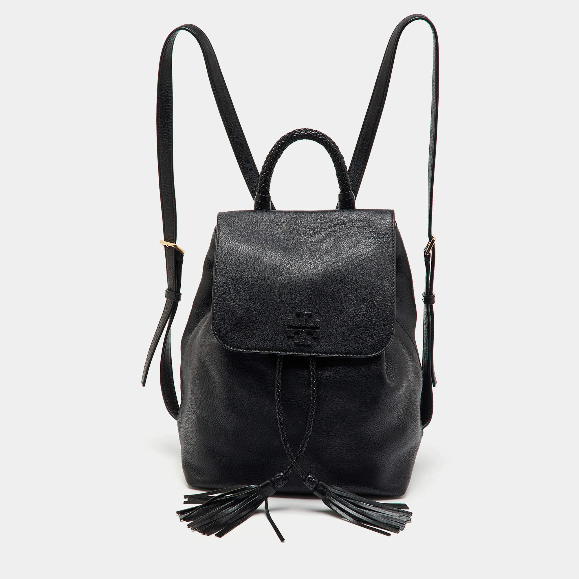 Pre Owned Tory Burch Black Leather Logo Flap Braided Tassel Backpack