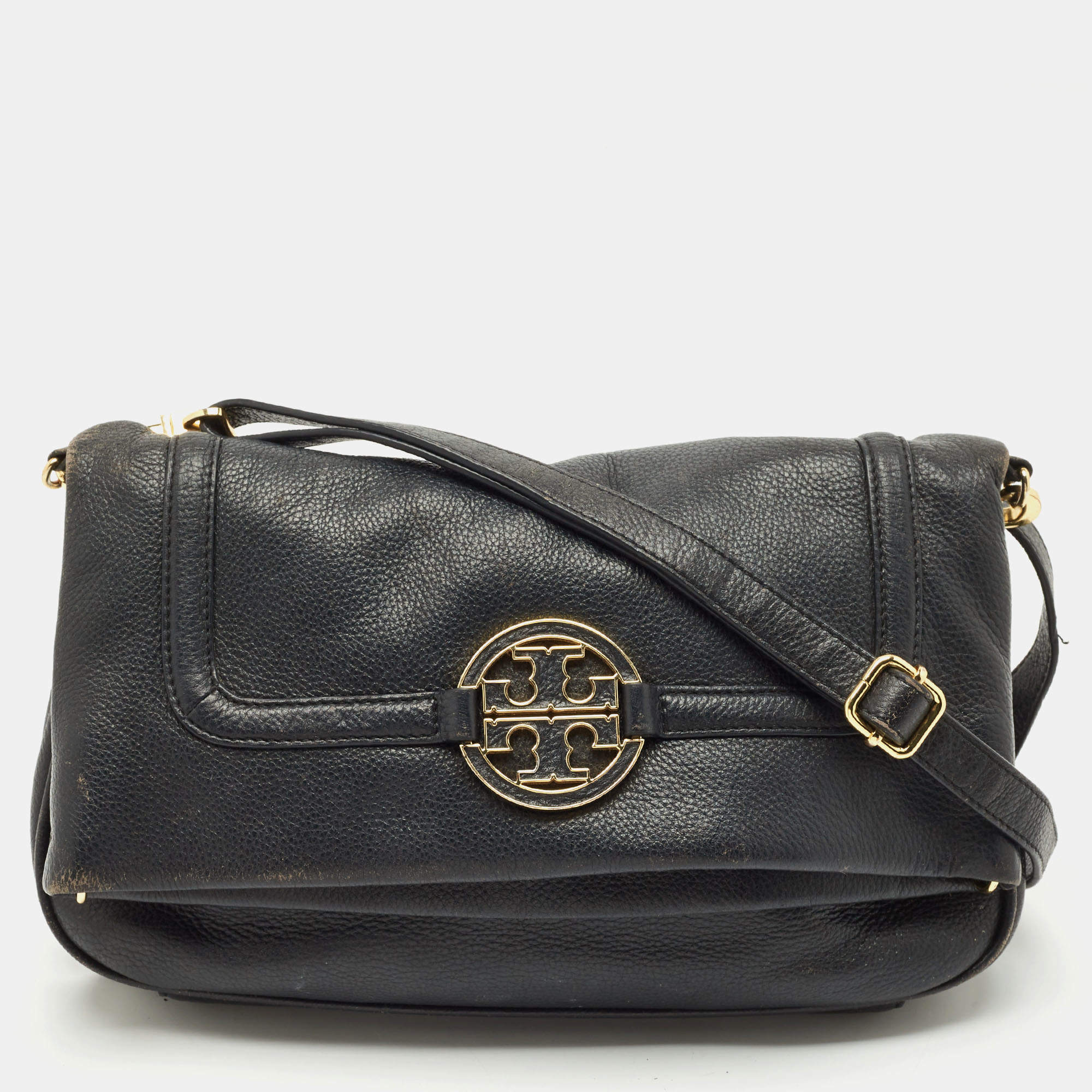 Pre Owned Tory Burch Black Leather Amanda Foldover Crossbody Bag