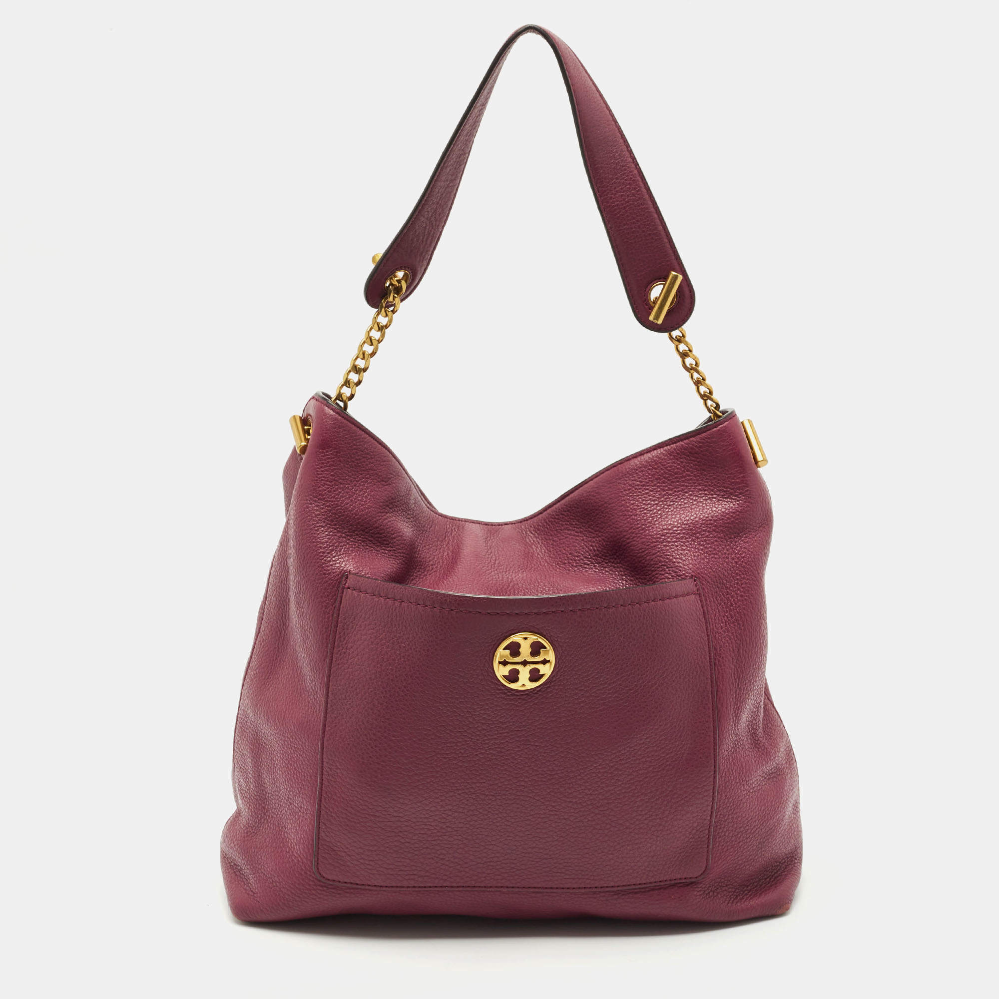 Pre Owned Tory Burch Burgundy Leather Chelsea Chain Hobo