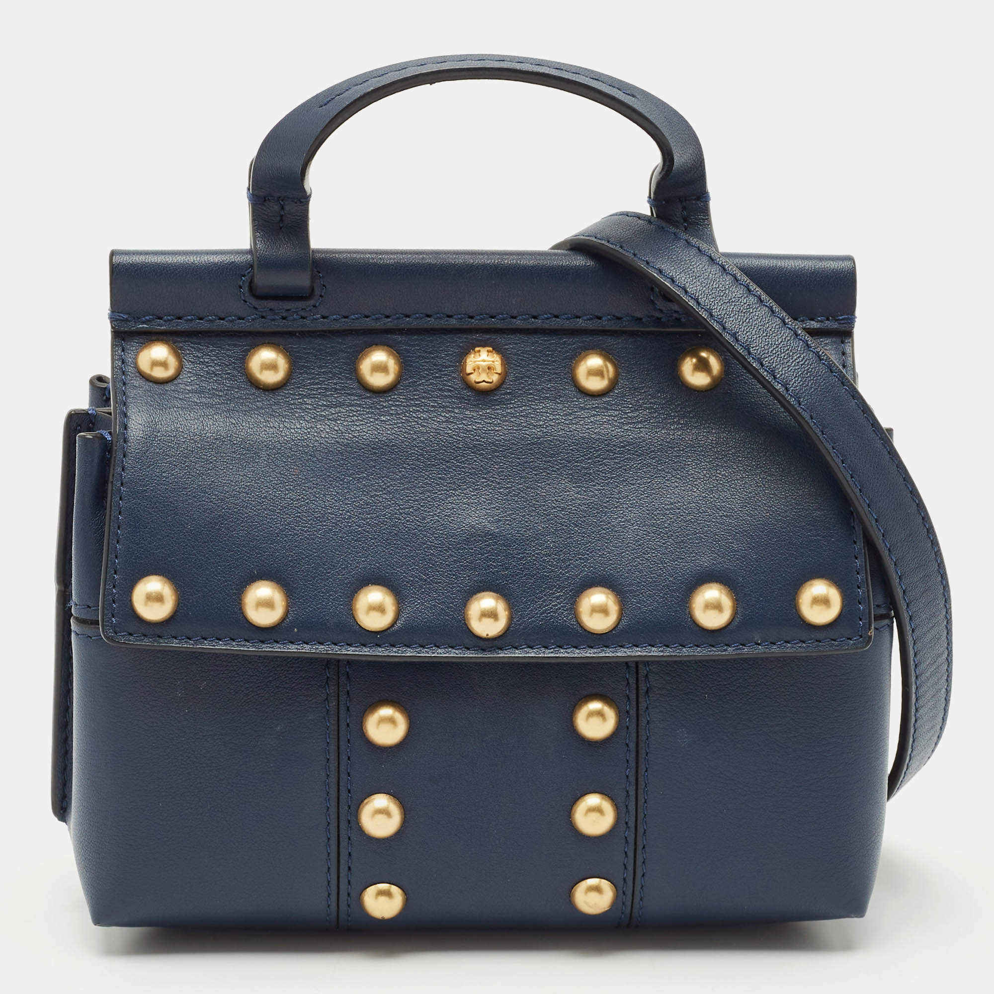Tory Burch Navy Blue Leather Mini Block-T Studded Top Handle Bag
