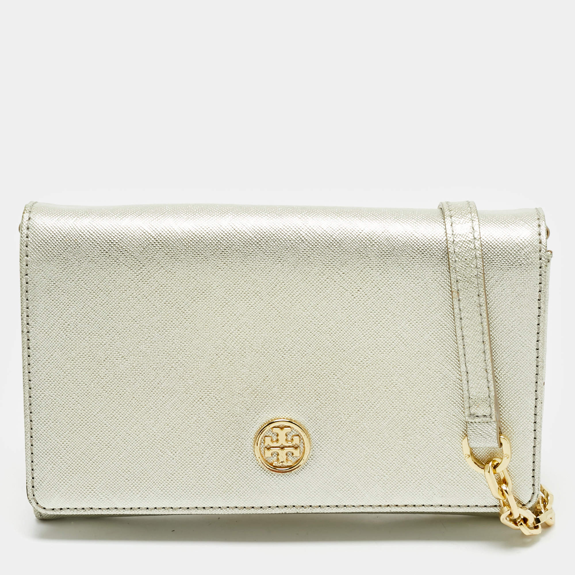 Pre Owned Tory Burch Silver Leather Robinson Wallet On Chain
