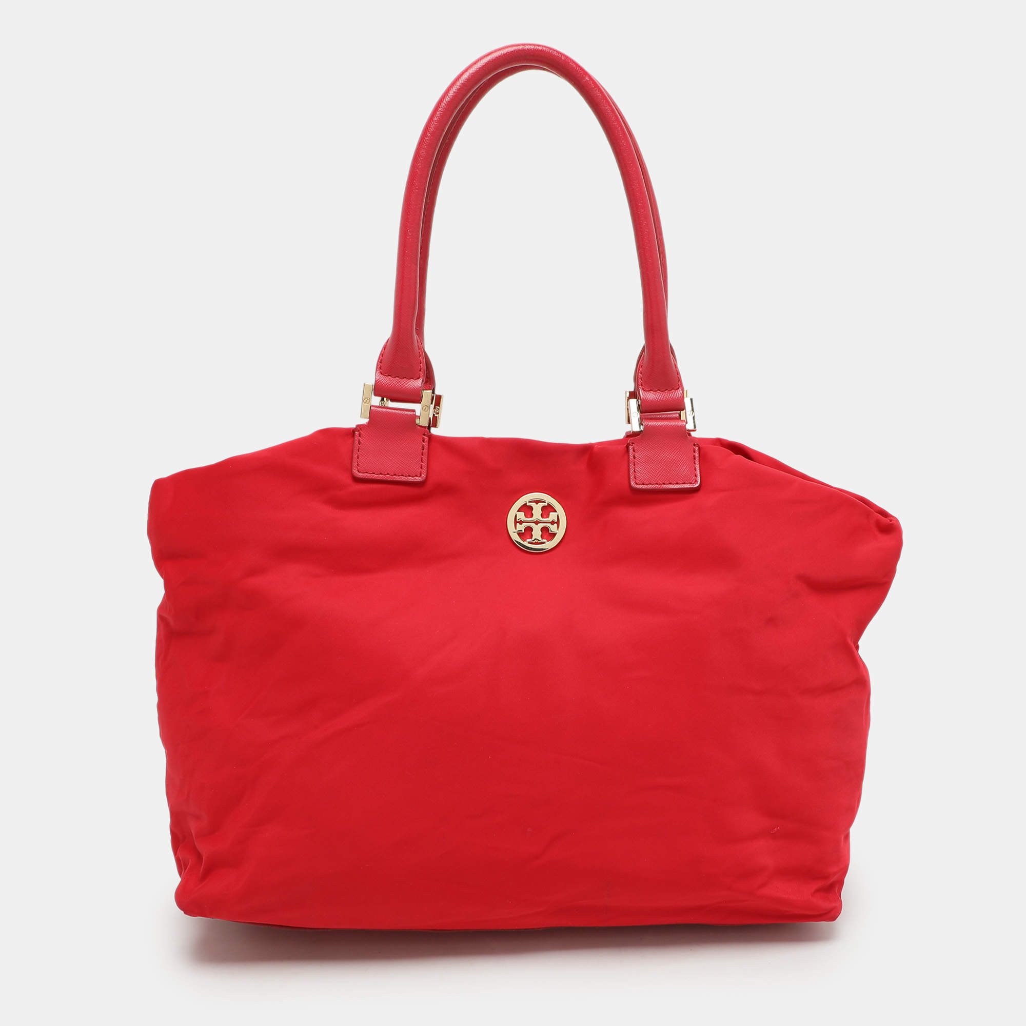 Pre Owned Tory Burch Red Leather and Nylon Tote