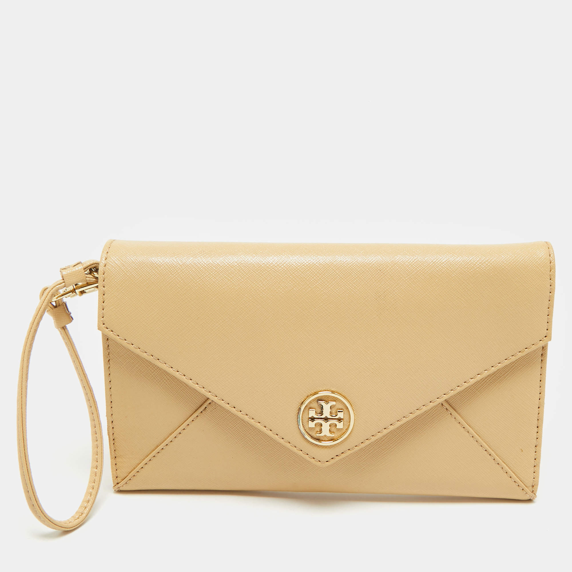 Pre Owned Tory Burch Cream Patent Leather Robinson Envelope Wristlet Clutch