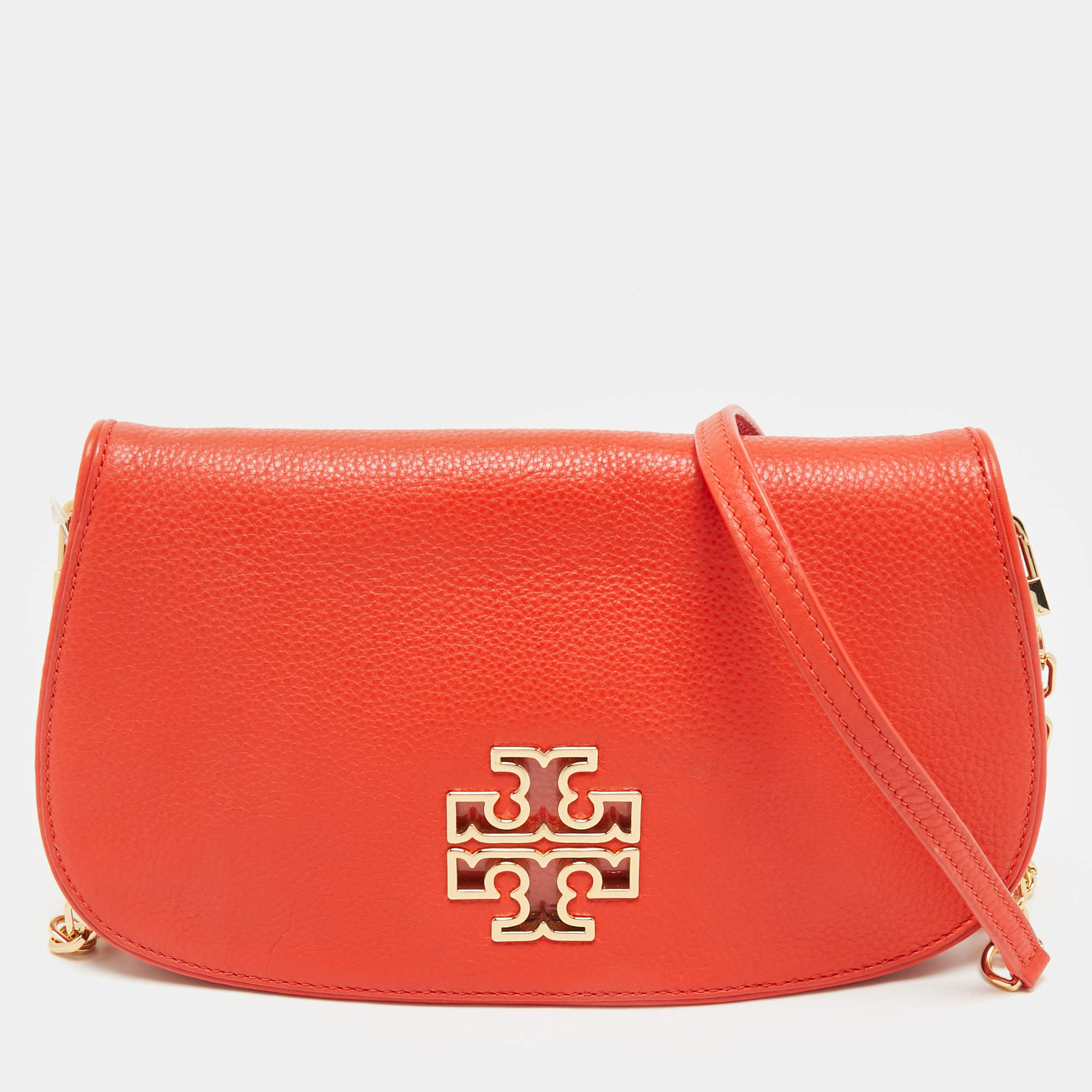 Pre Owned Tory Burch Poppy Red Leather Britten Chain Clutch