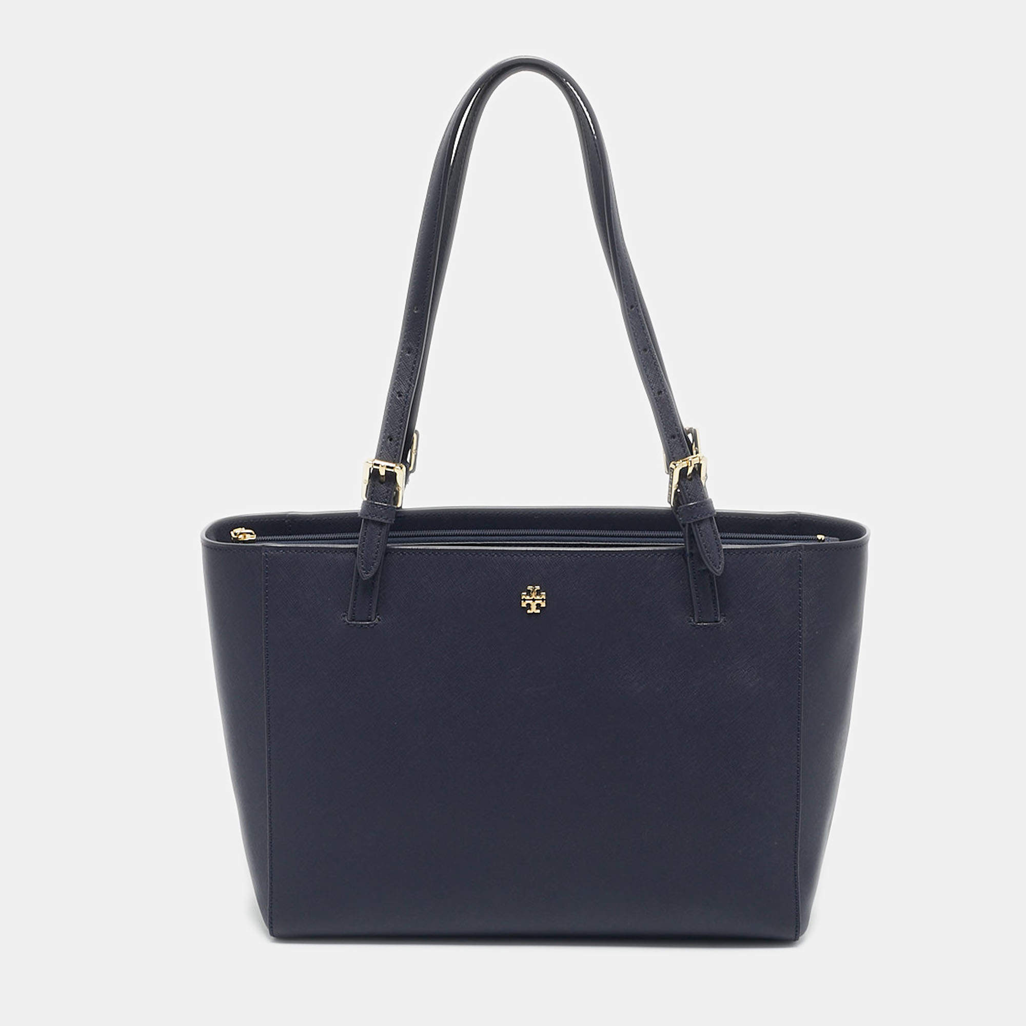 Pre Owned Tory Burch Navy Blue Saffiano Leather York Buckle Tote