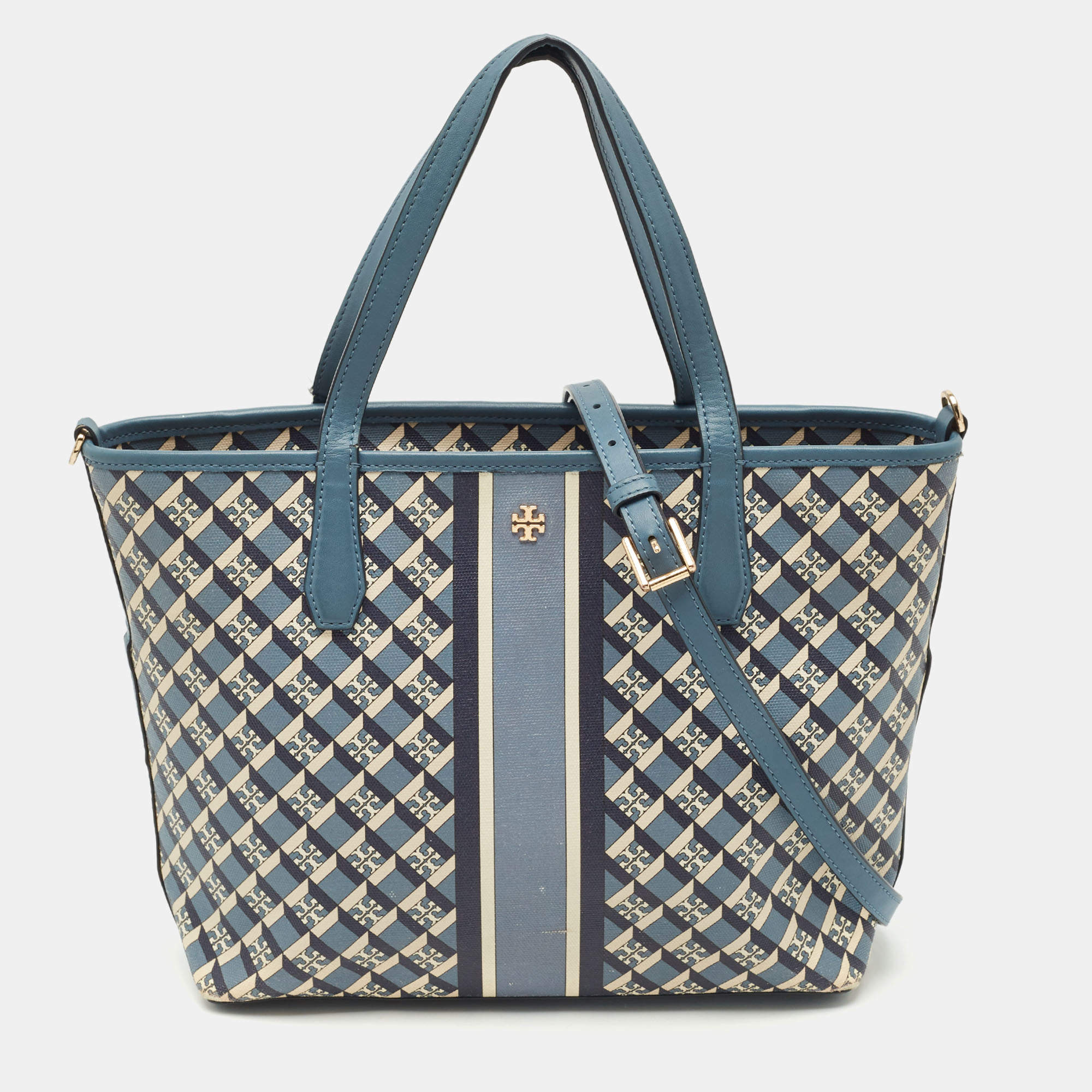 Pre Owned Tory Burch Blue/White Coated Canvas and Leather Geo Logo Allover Tote