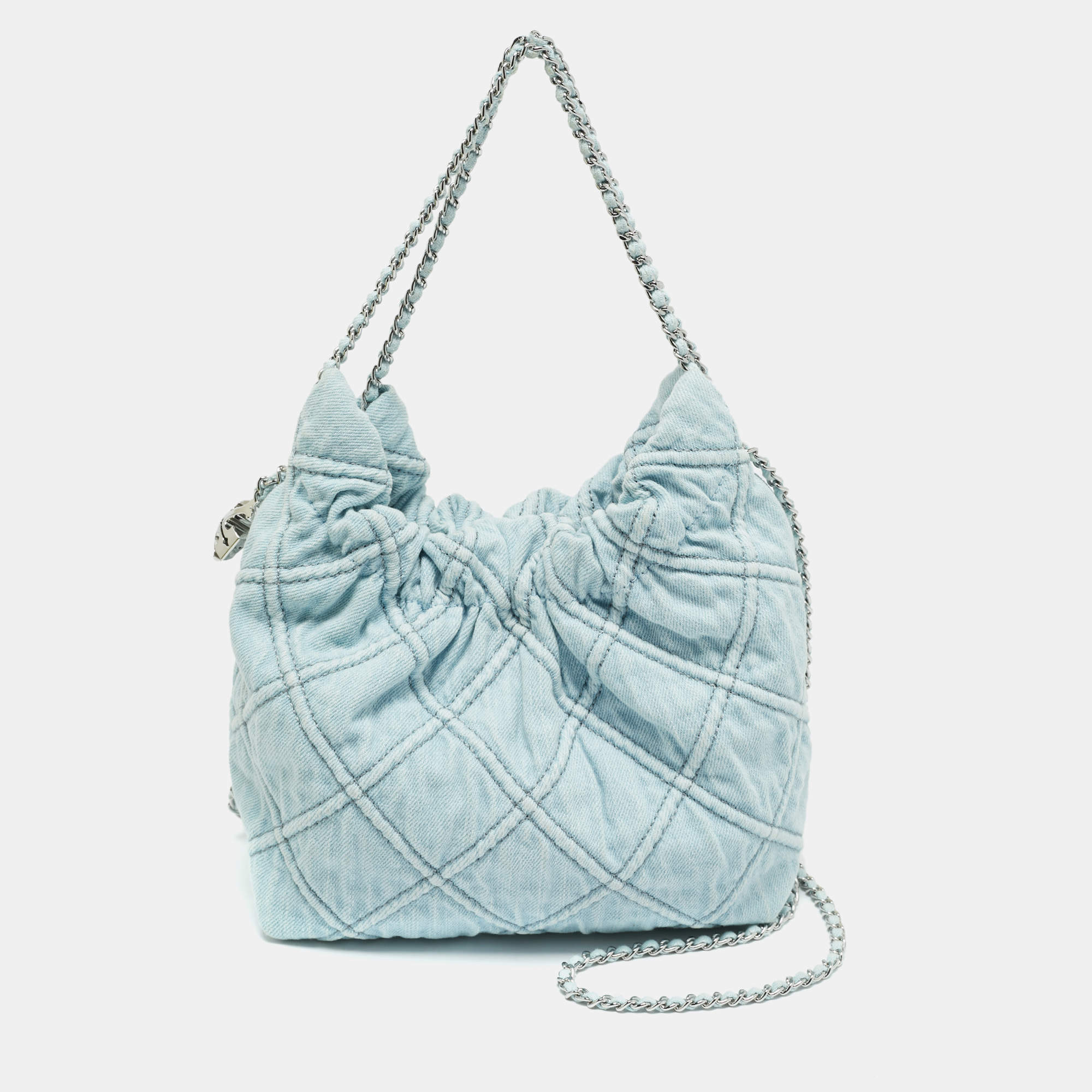 Pre Owned Tory Burch Light Blue Quilted Soft Denim Fleming Hobo