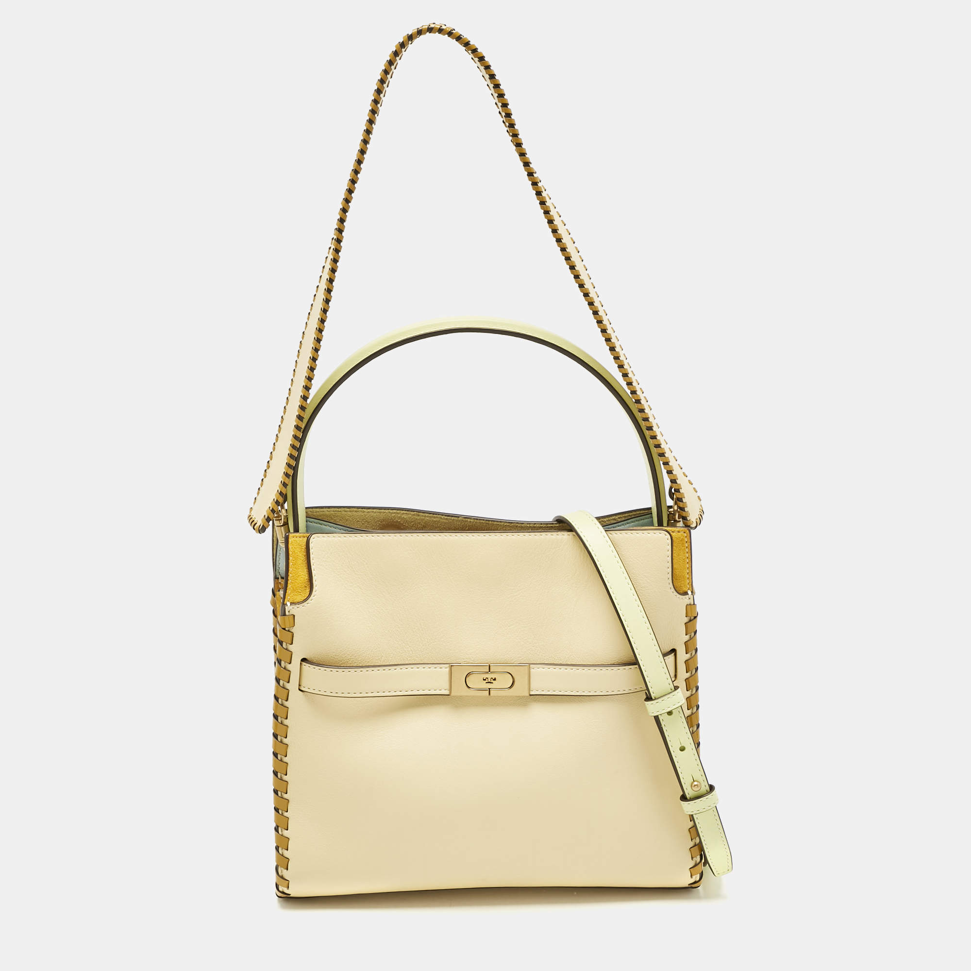 Pre Owned Tory Burch Multicolor Leather and Suede Small Whipstitch Lee Radziwill Top Hande Bag