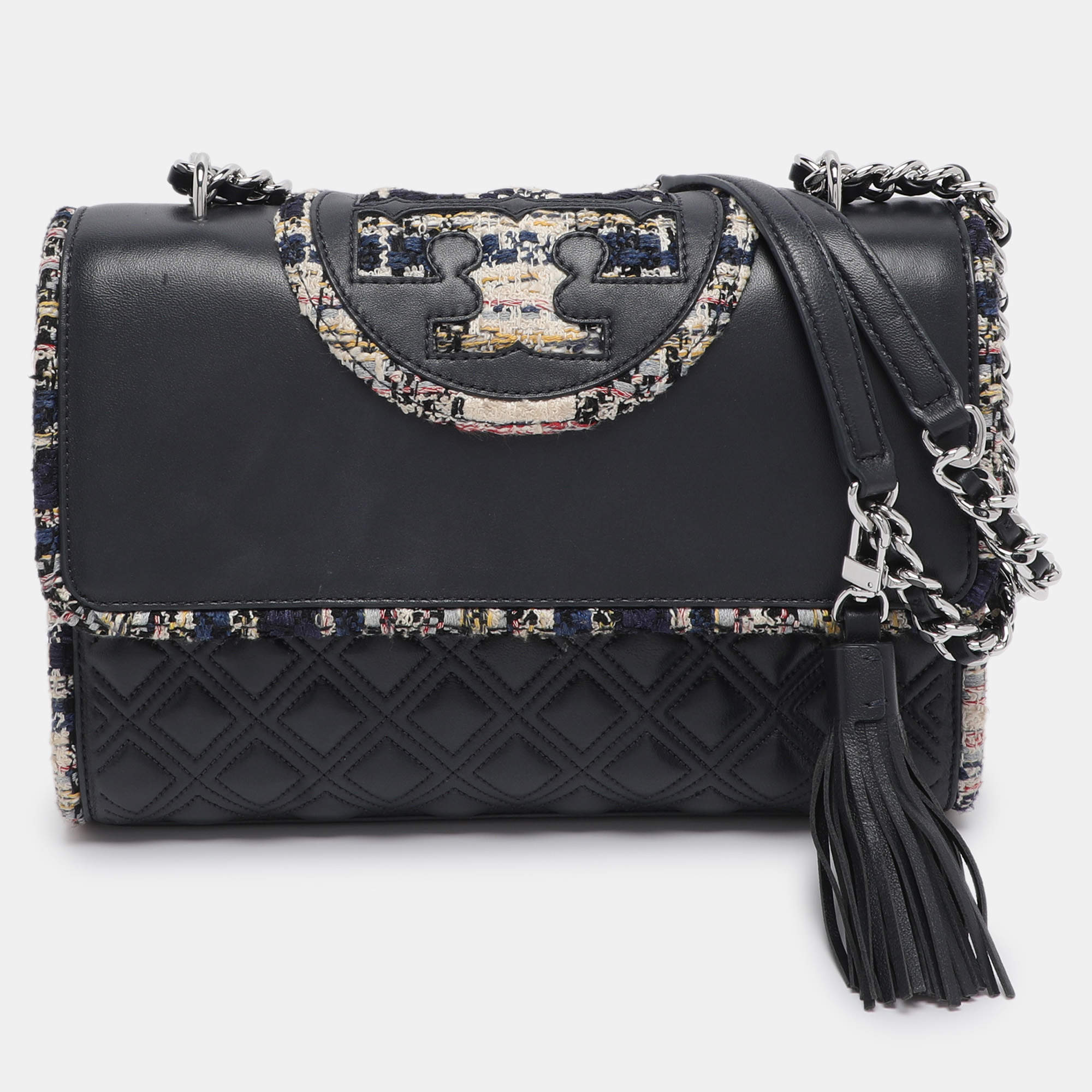 Pre Owned Tory Burch Navy Blue Quilted Leather and Tweed Trim Fleming Shoulder Bag