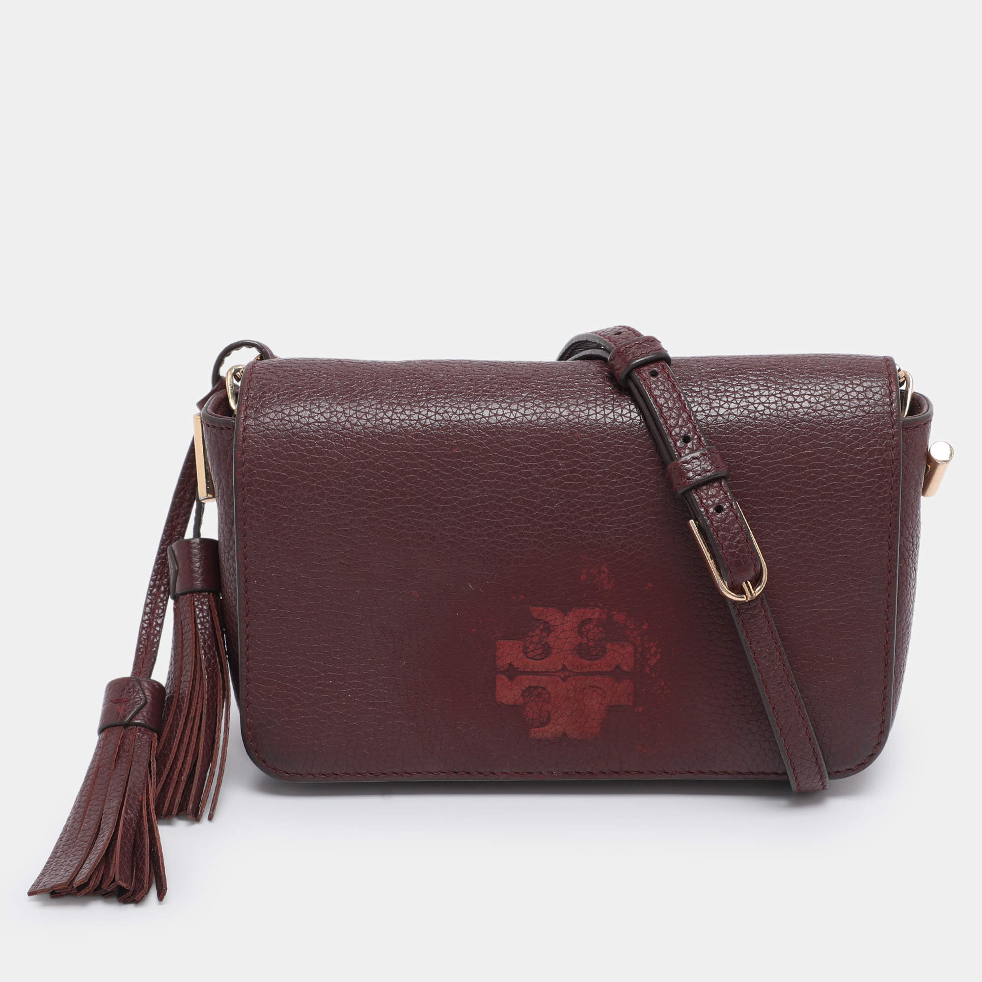 Pre Owned Tory Burch Burgundy Leather Thea Fap Crossbody Bag