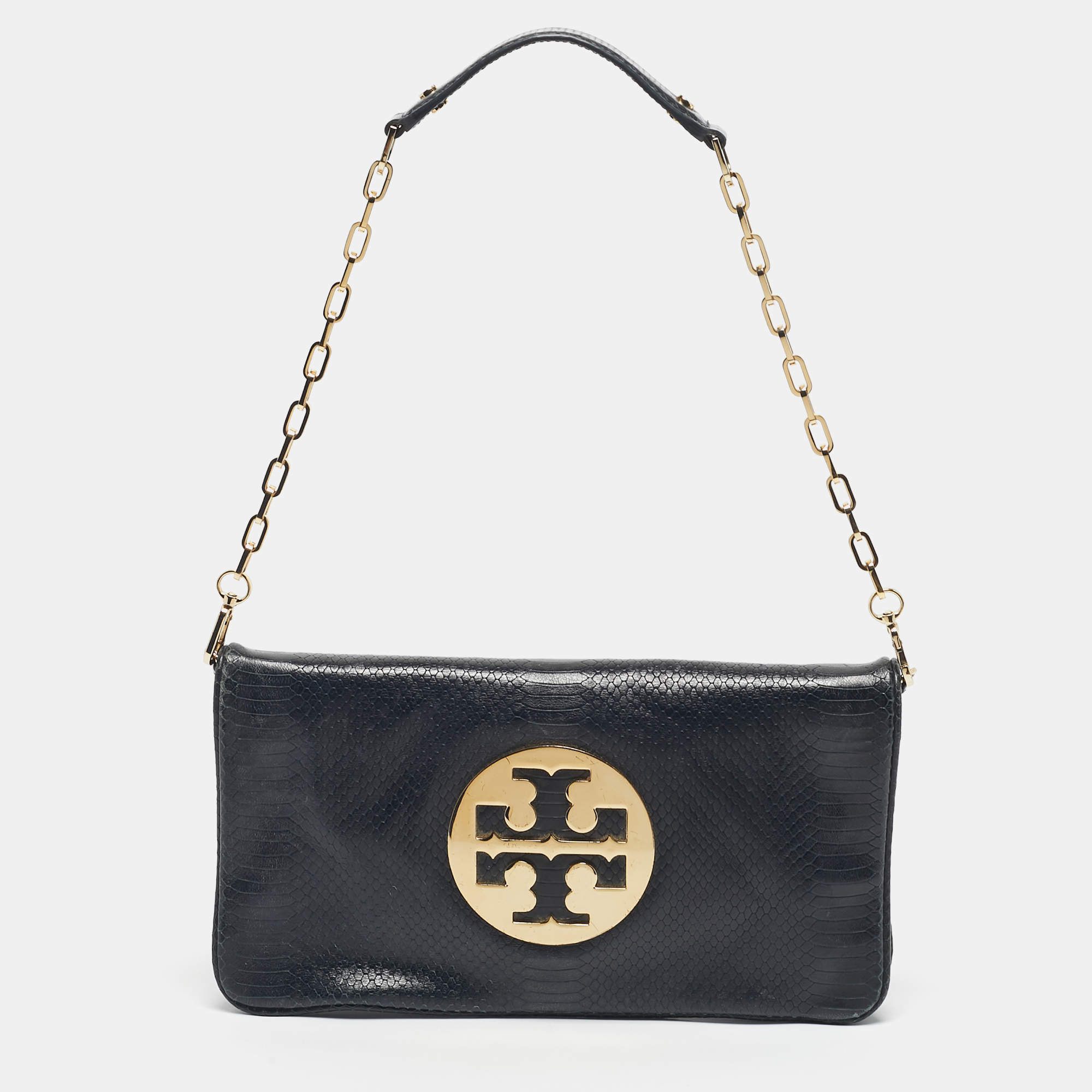 Pre Owned Tory Burch Navy Blue Snakeskin Embossed Leather Reva Flap Shoulder Bag