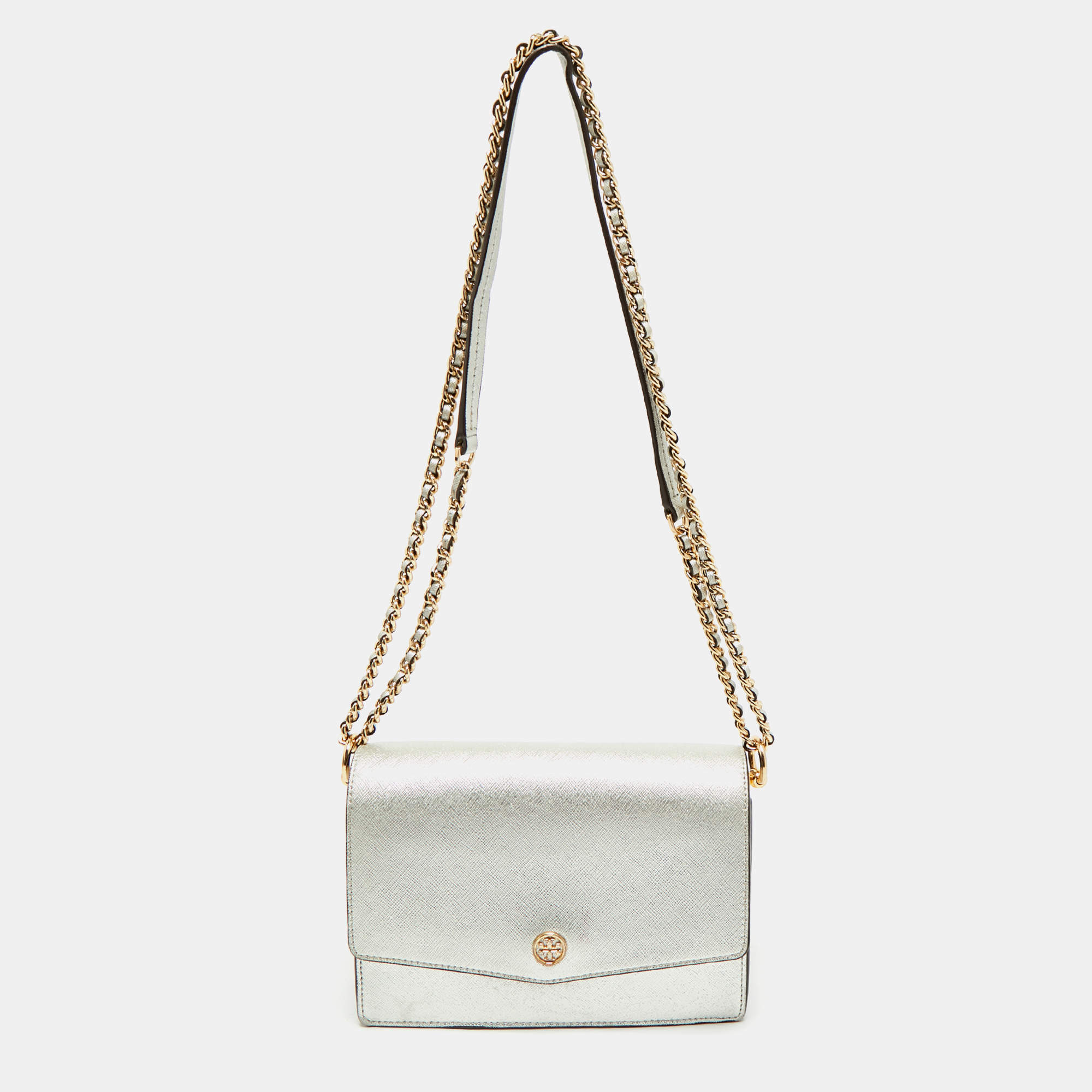 Pre Owned Tory Burch Silver Saffiano Leather Robinson Flap Shoulder Bag