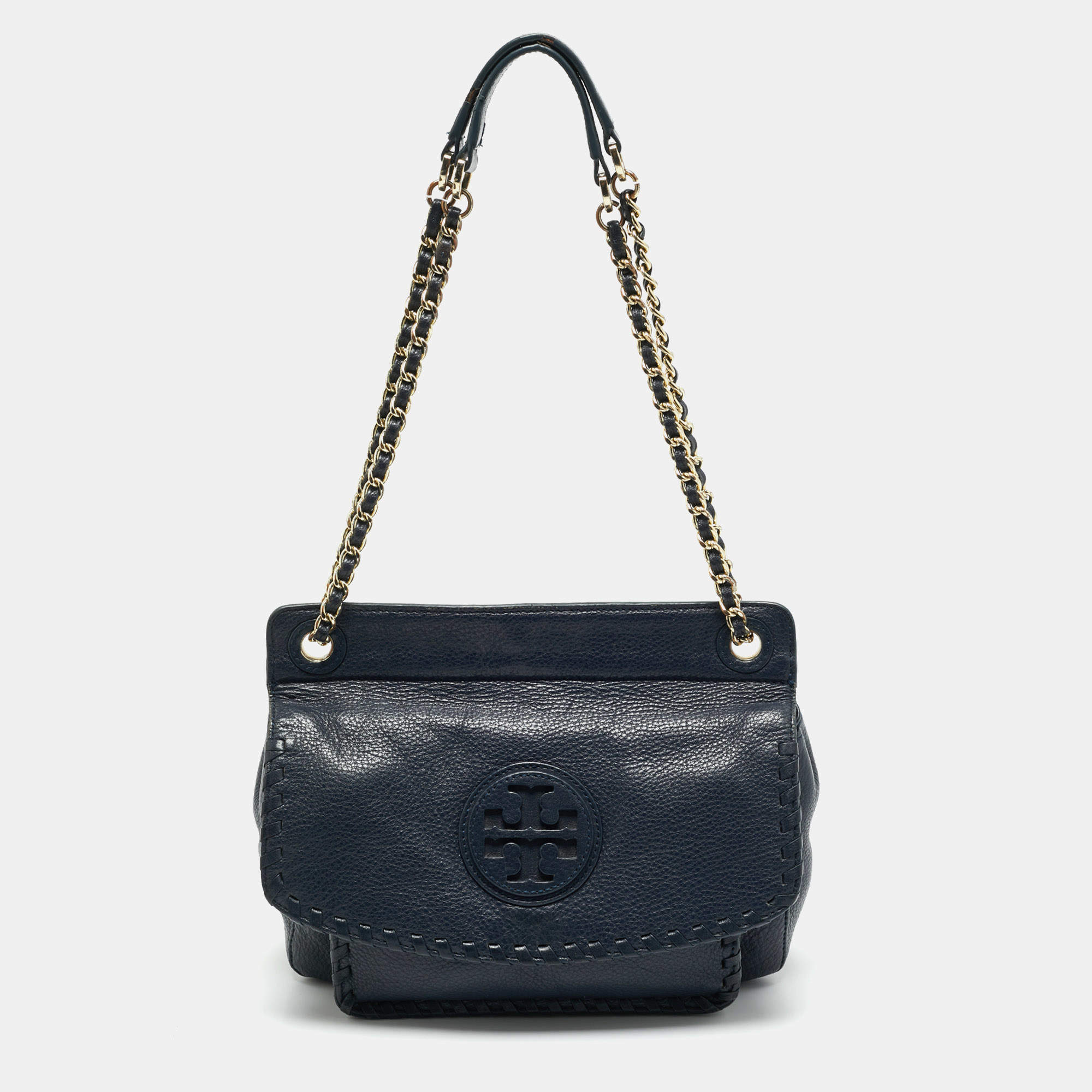 Pre Owned Tory Burch Navy Blue Leather Marion Shoulder Bag