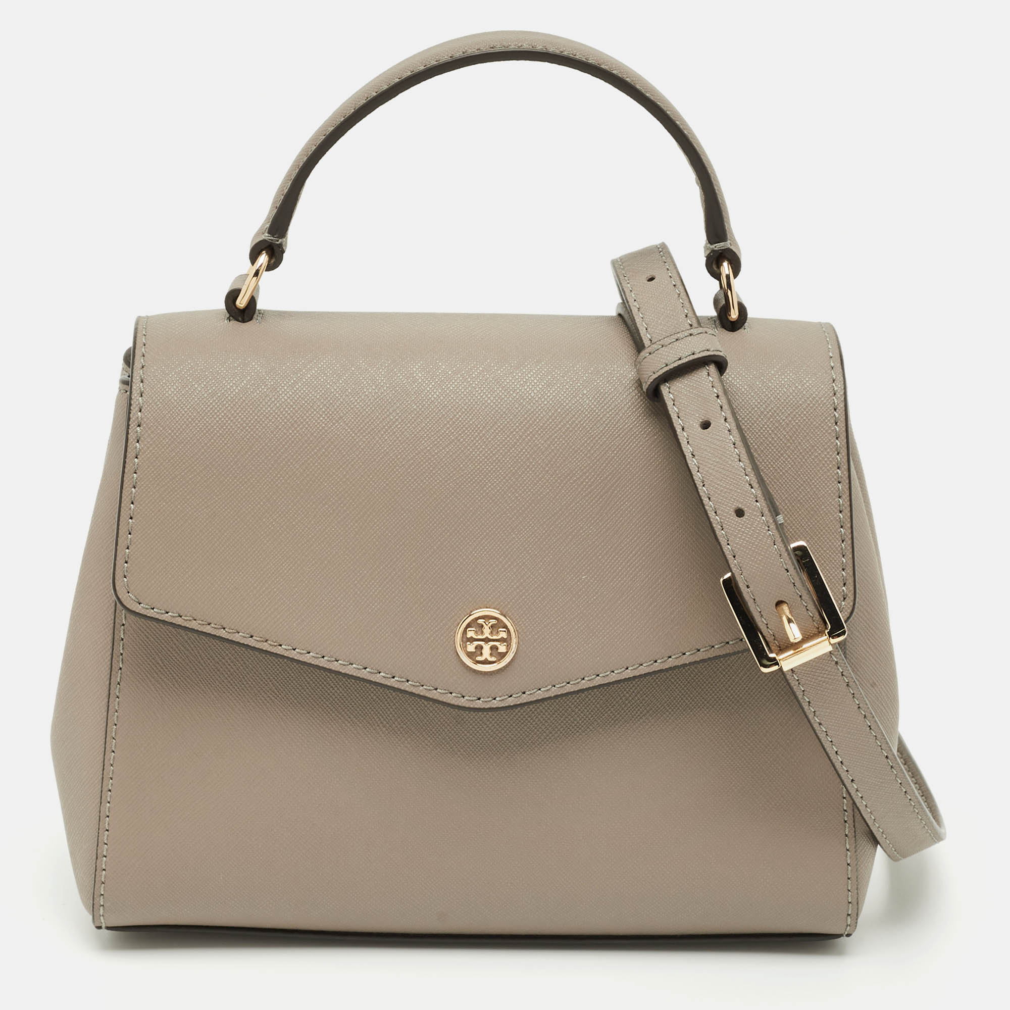 Pre Owned Tory Burch Light Grey Saffiano Leather Small Robinson Top Handle Bag