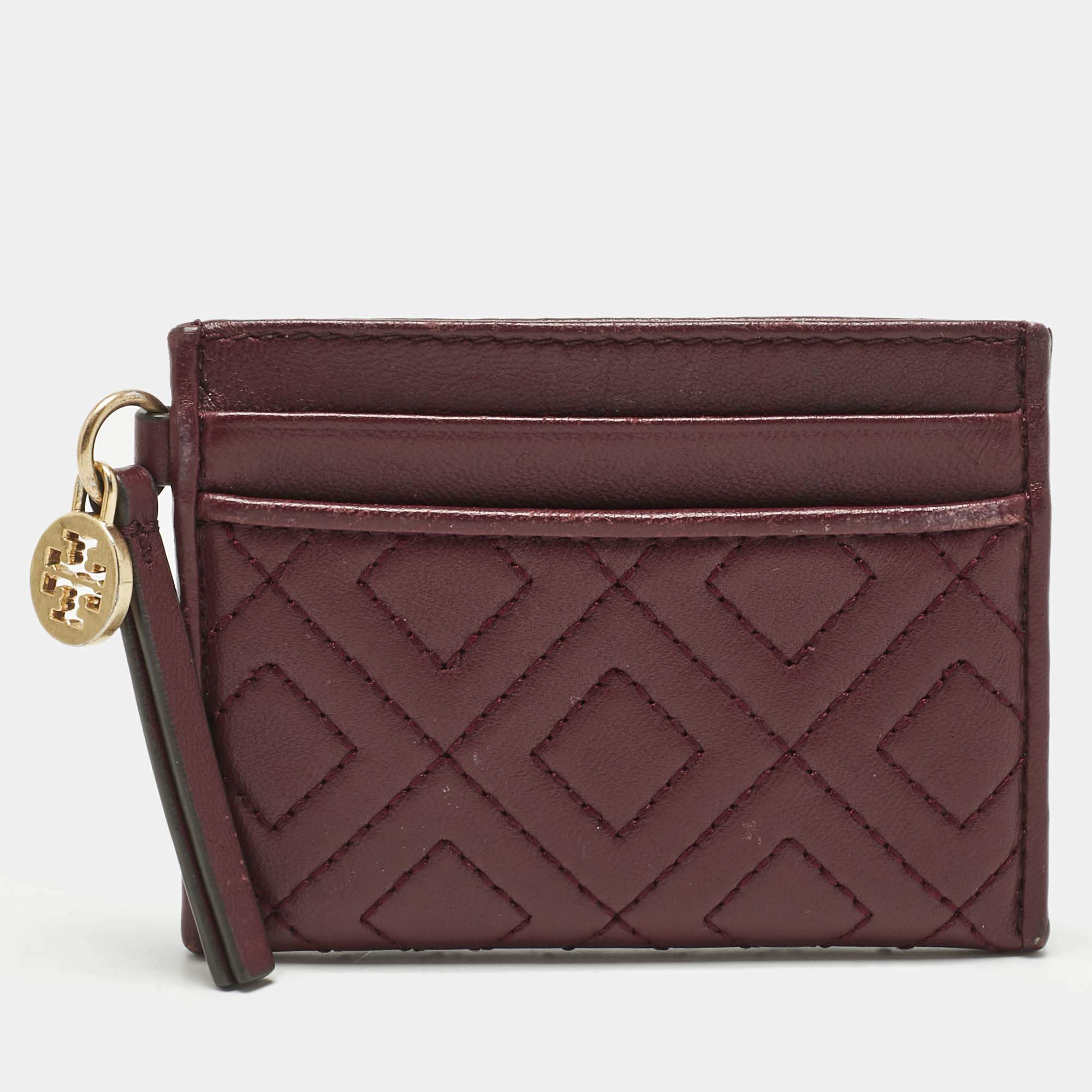 Pre Owned Tory Burch Burgundy Quilted Leather Fleming Card Holder