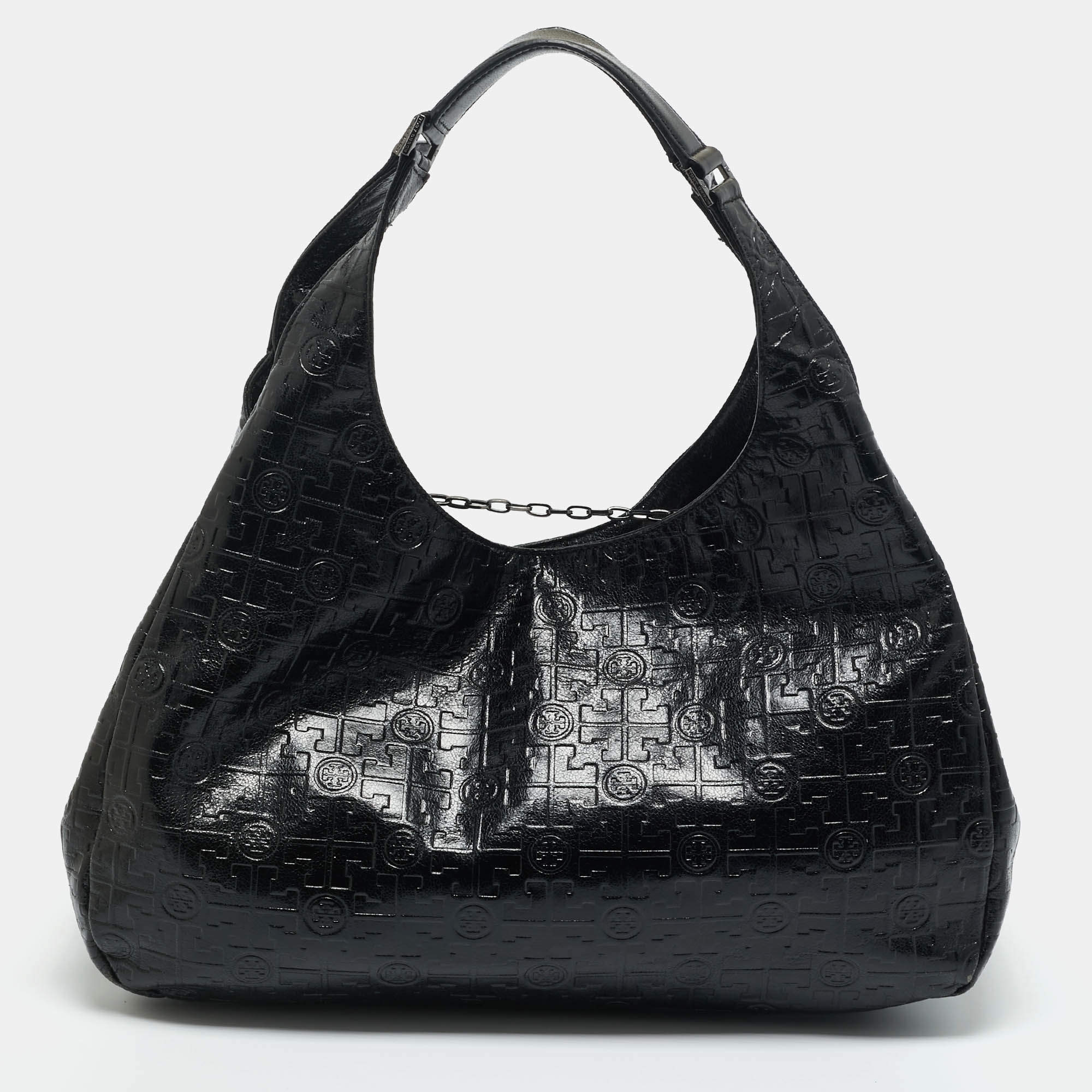 Pre Owned Tory Burch Black Logo Embossed Leather Dafina Hobo