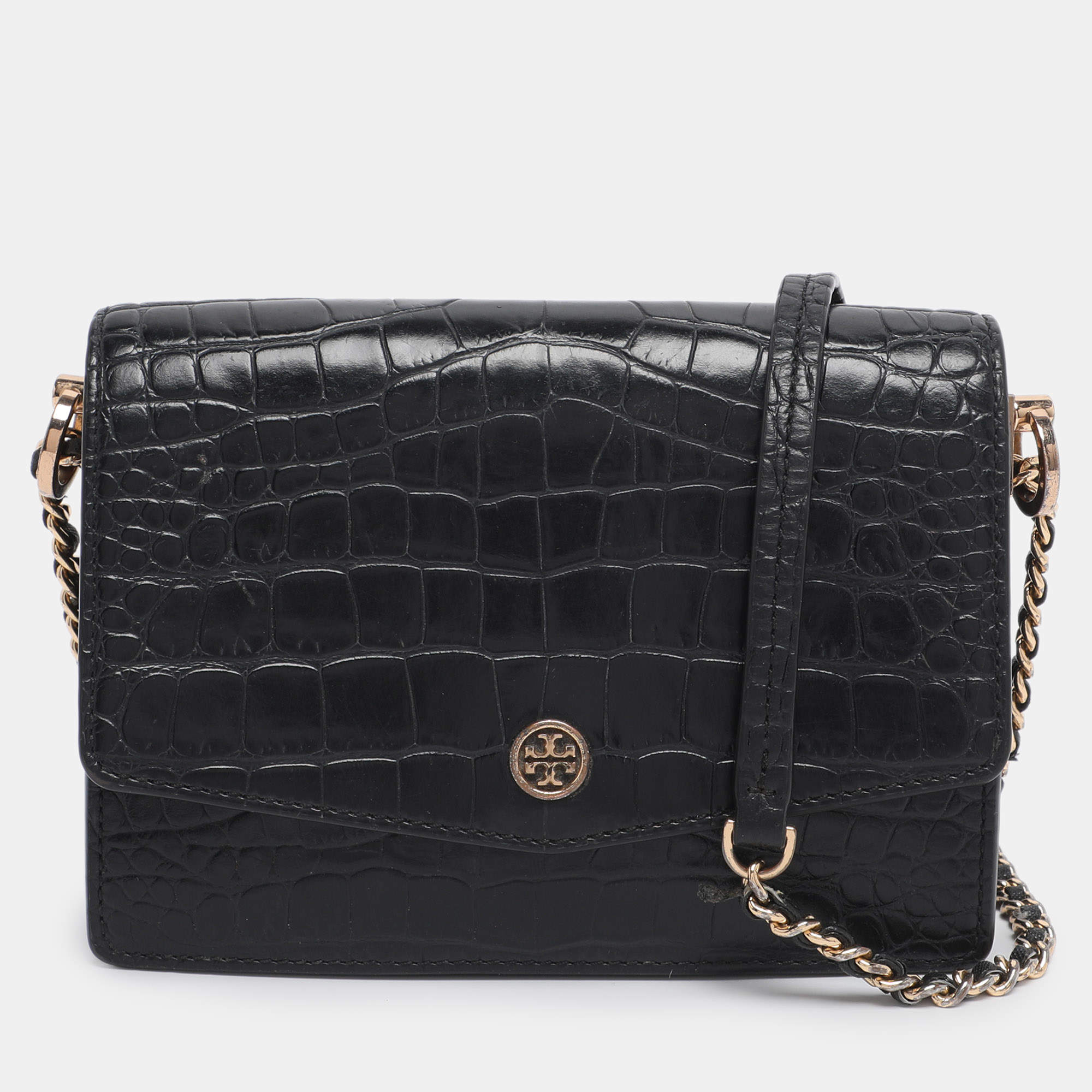 Pre Owned Tory Burch Black Croc Embossed Leather Emerson Crossbody Bag