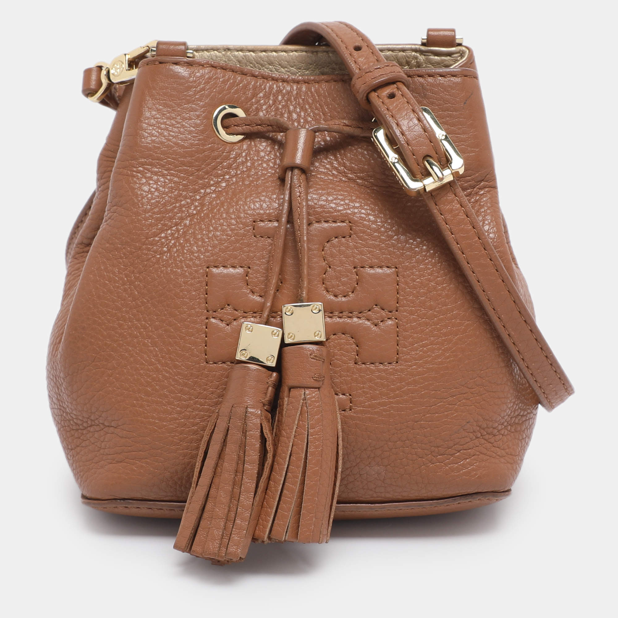Pre Owned Tory Burch Brown Leather Drawstring Tassel Bucket bag