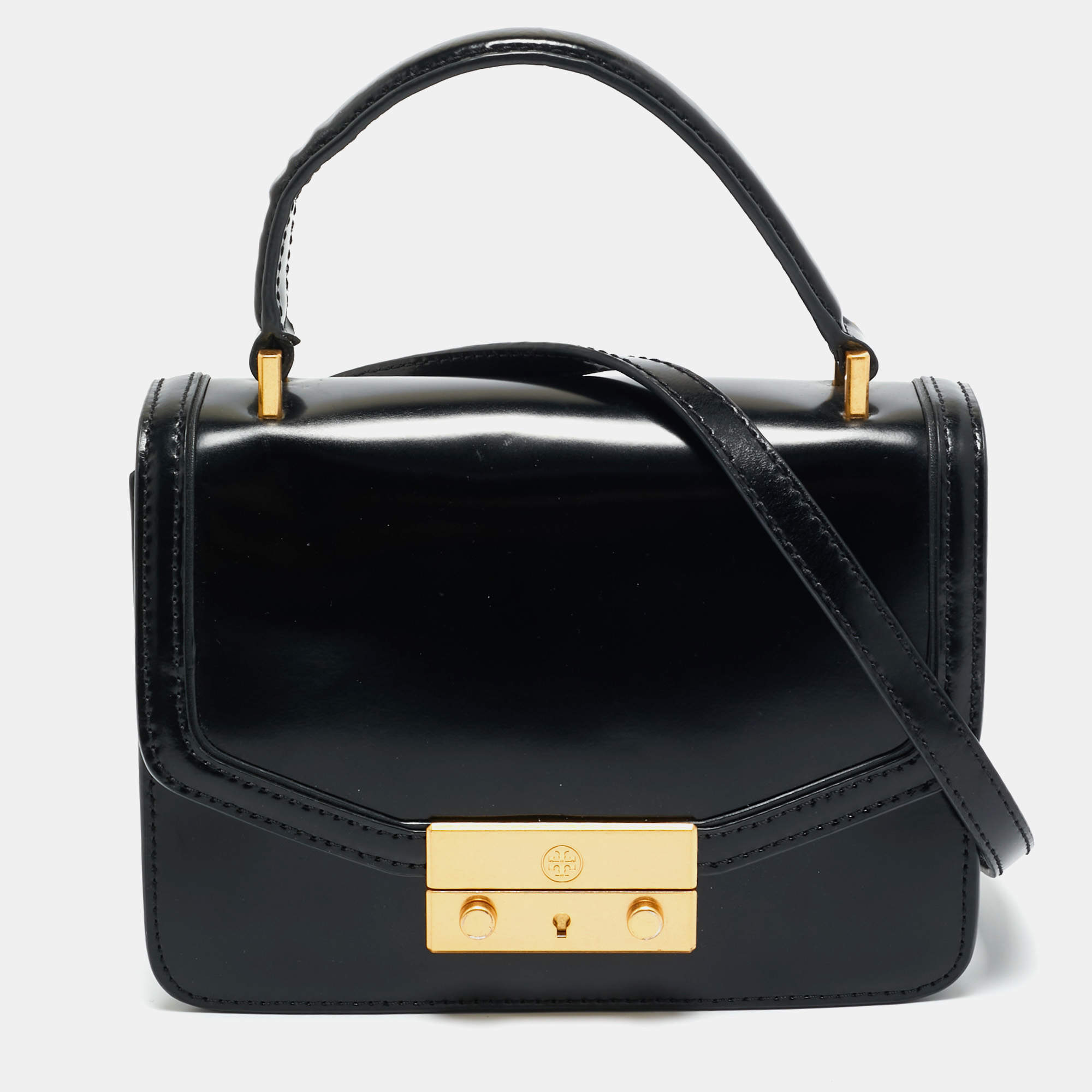 Pre Owned Tory Burch Black Patent Leather Mini Juliette Top Handle Bag