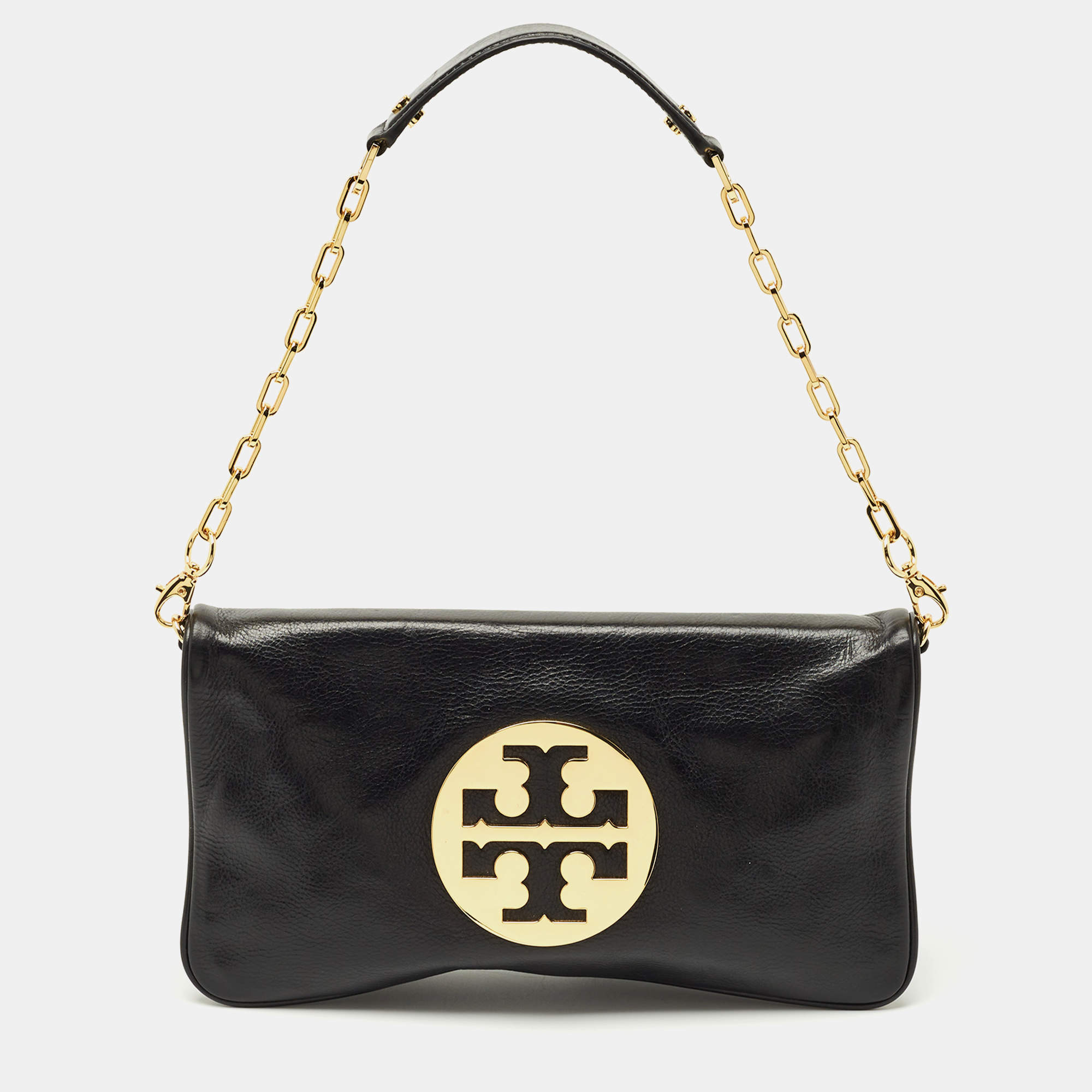 Pre Owned Tory Burch Black Glossy Leather Reva Chain Clutch
