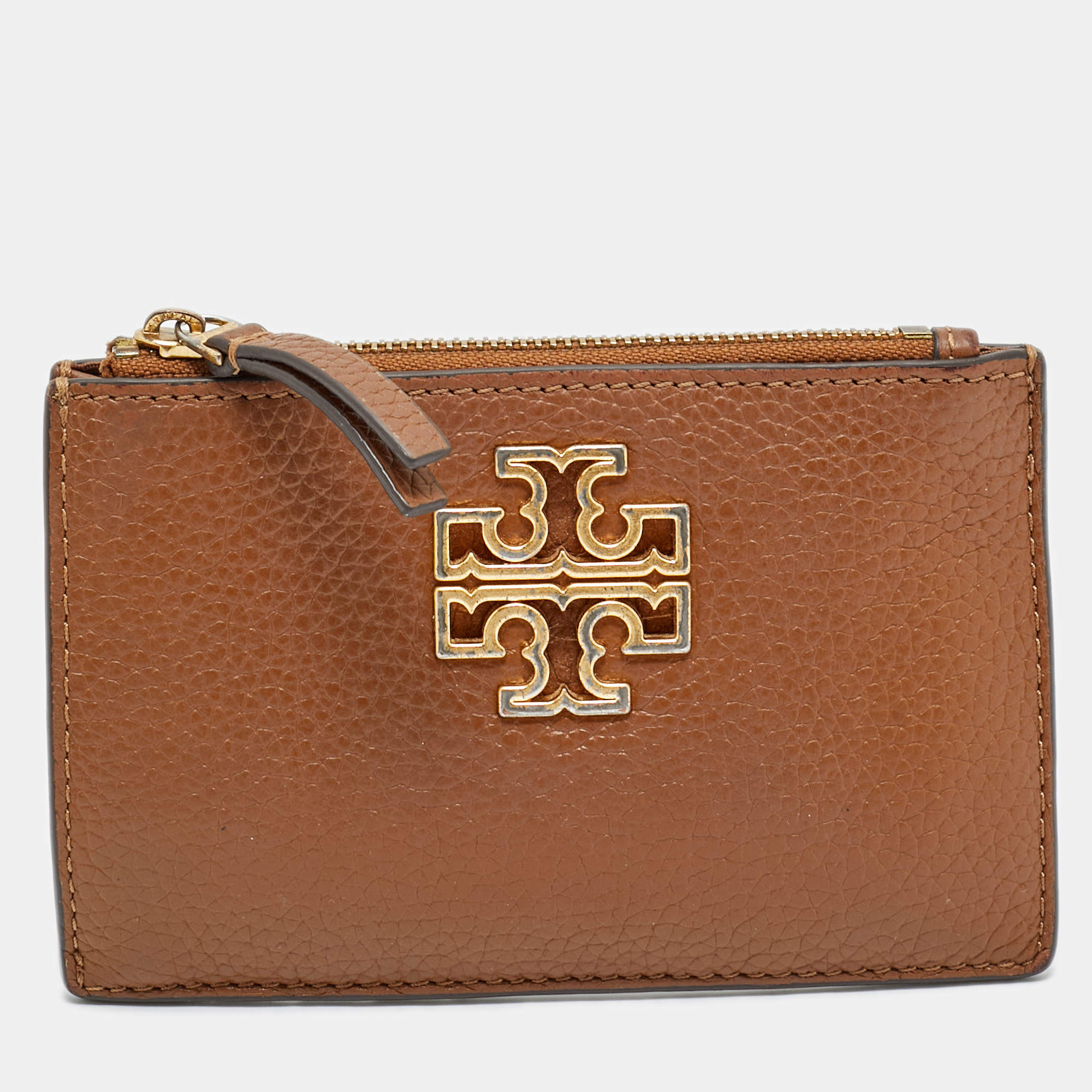 Pre Owned Tory Burch Brown Leather Britten Zip Card Holder