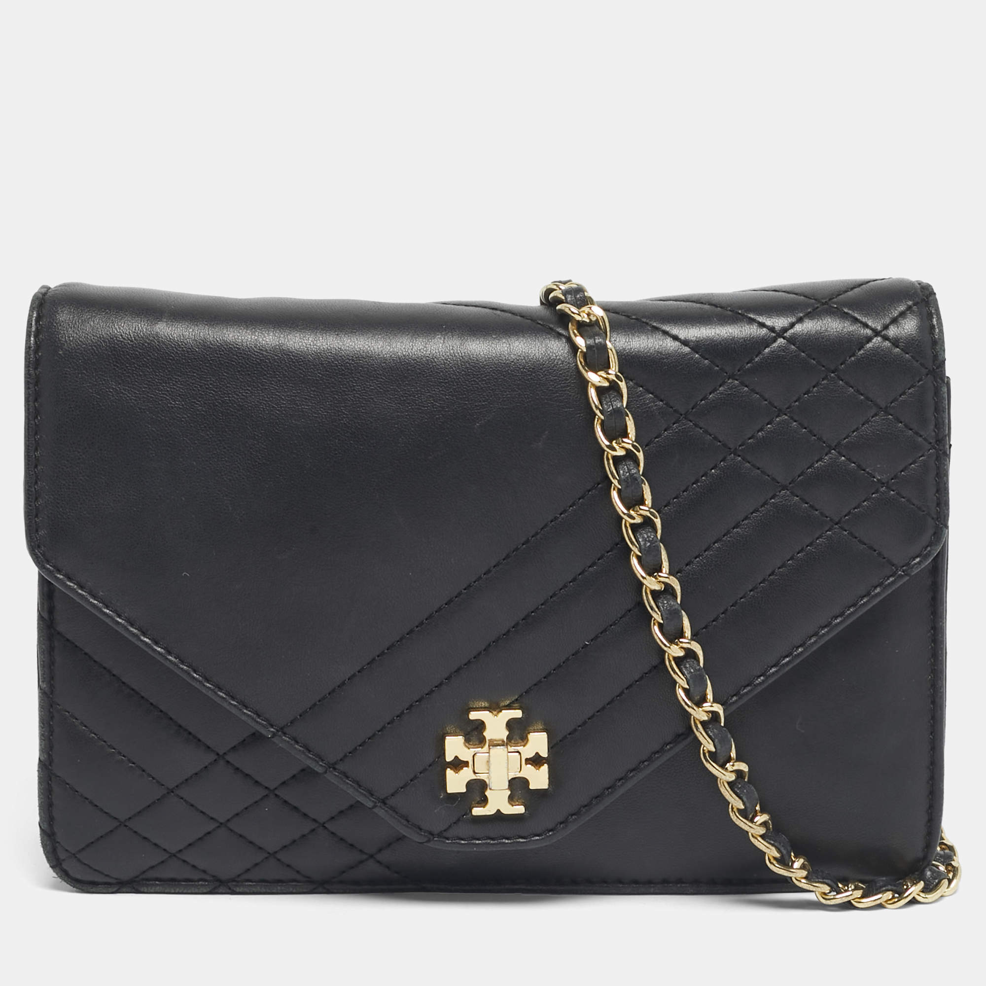 Pre Owned Tory Burch Black Leather Kira Envelope Shoulder Bag