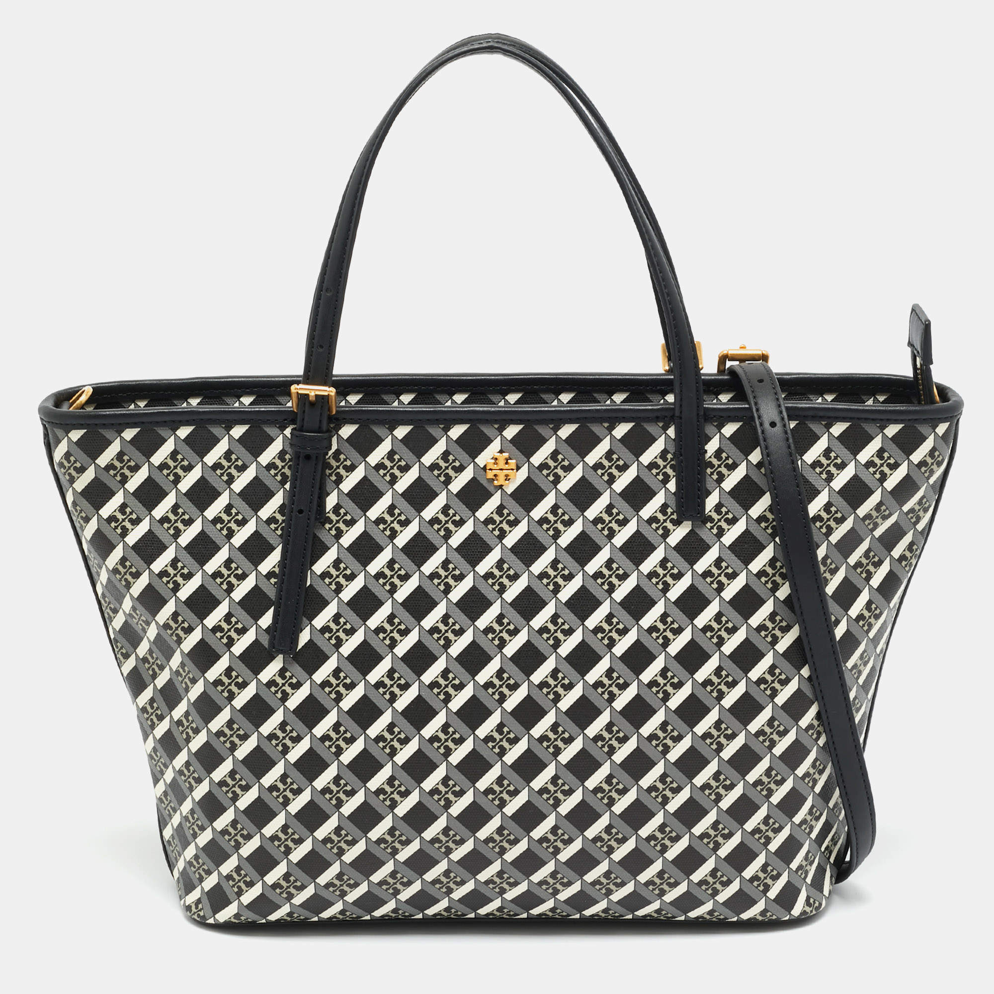 Pre Owned Tory Burch Black Coated Canvas Geo Logo Allover Zip Tote