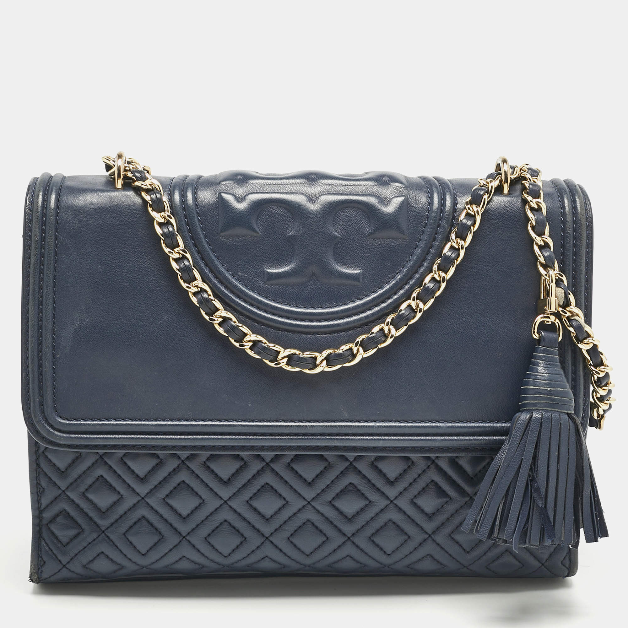 Pre Owned Tory Burch Navy Blue Quilted Leather Fleming Shoulder Bag