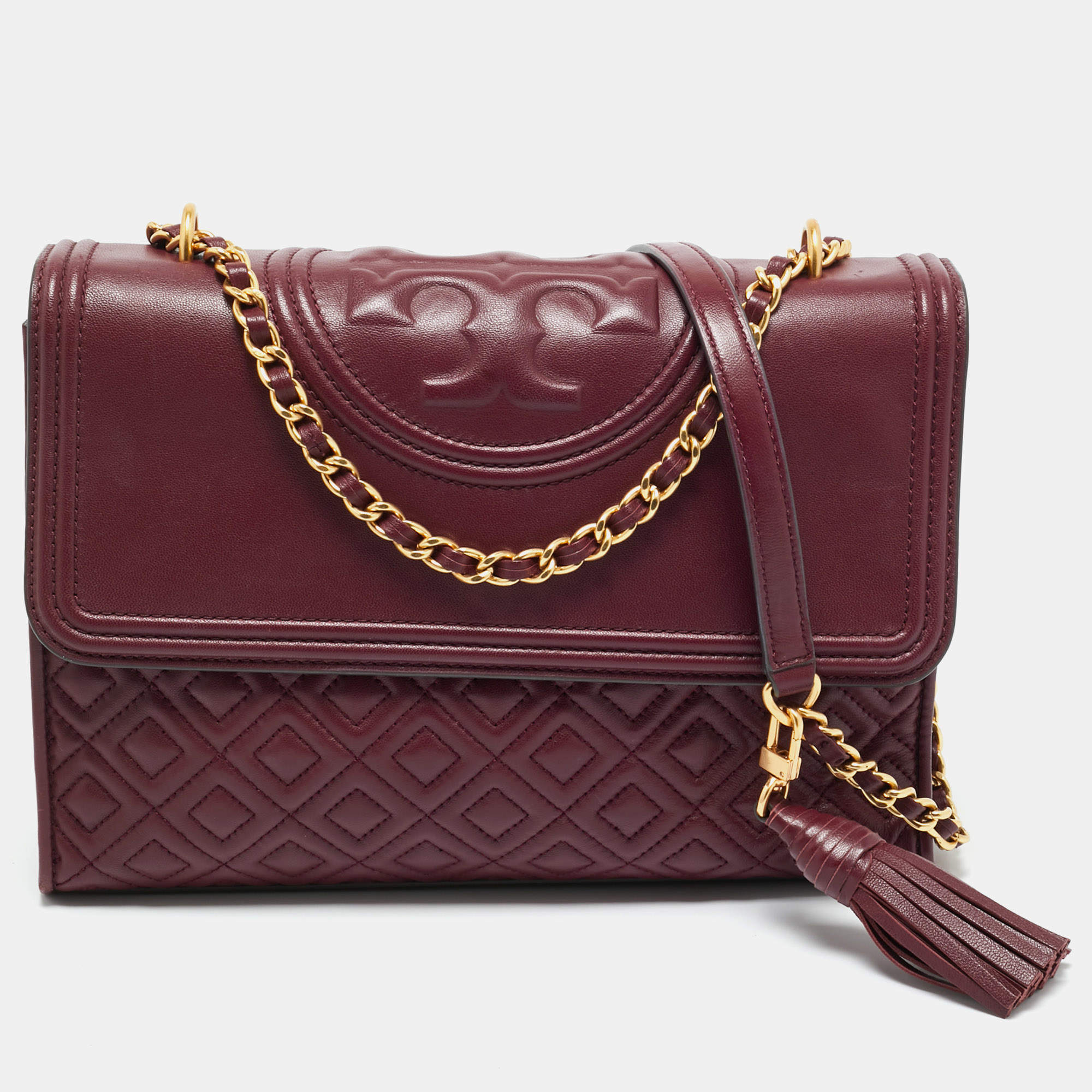 Pre Owned Tory Burch Burgundy Quilted Leather Fleming Shoulder Bag