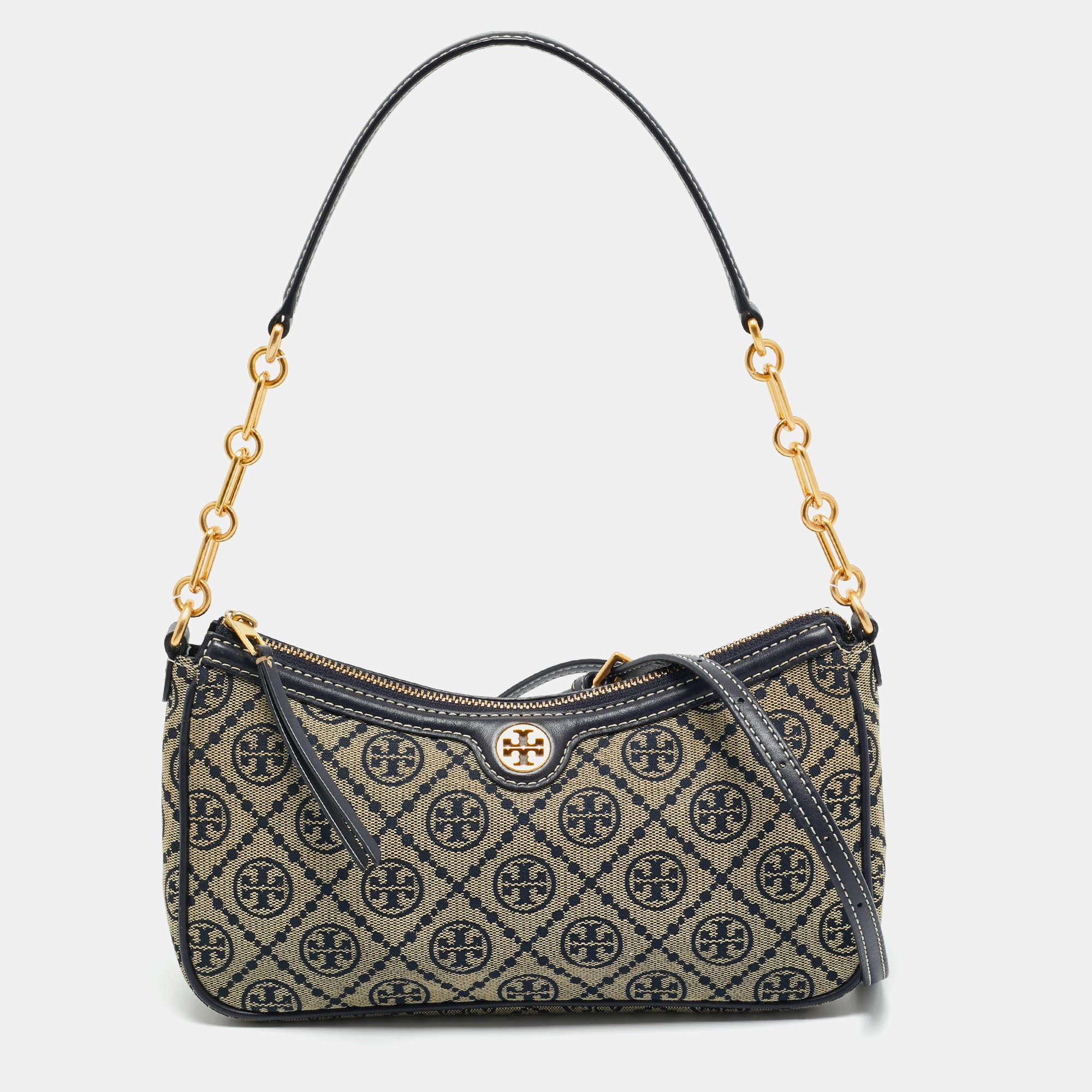 Pre Owned Tory Burch Navy Blue T Monogram Jacquard and Leather Studio Shoulder Bag
