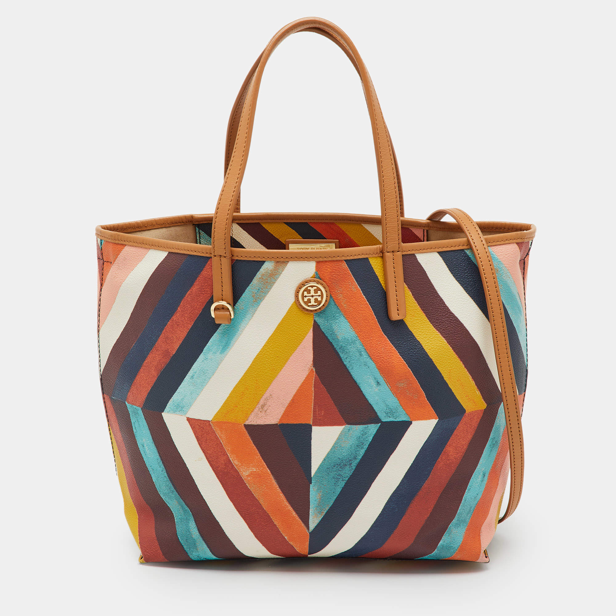 Pre Owned  Tory Burch Multicolor Diamond Stripe Coated Canvas and Leather Kerrington Tote