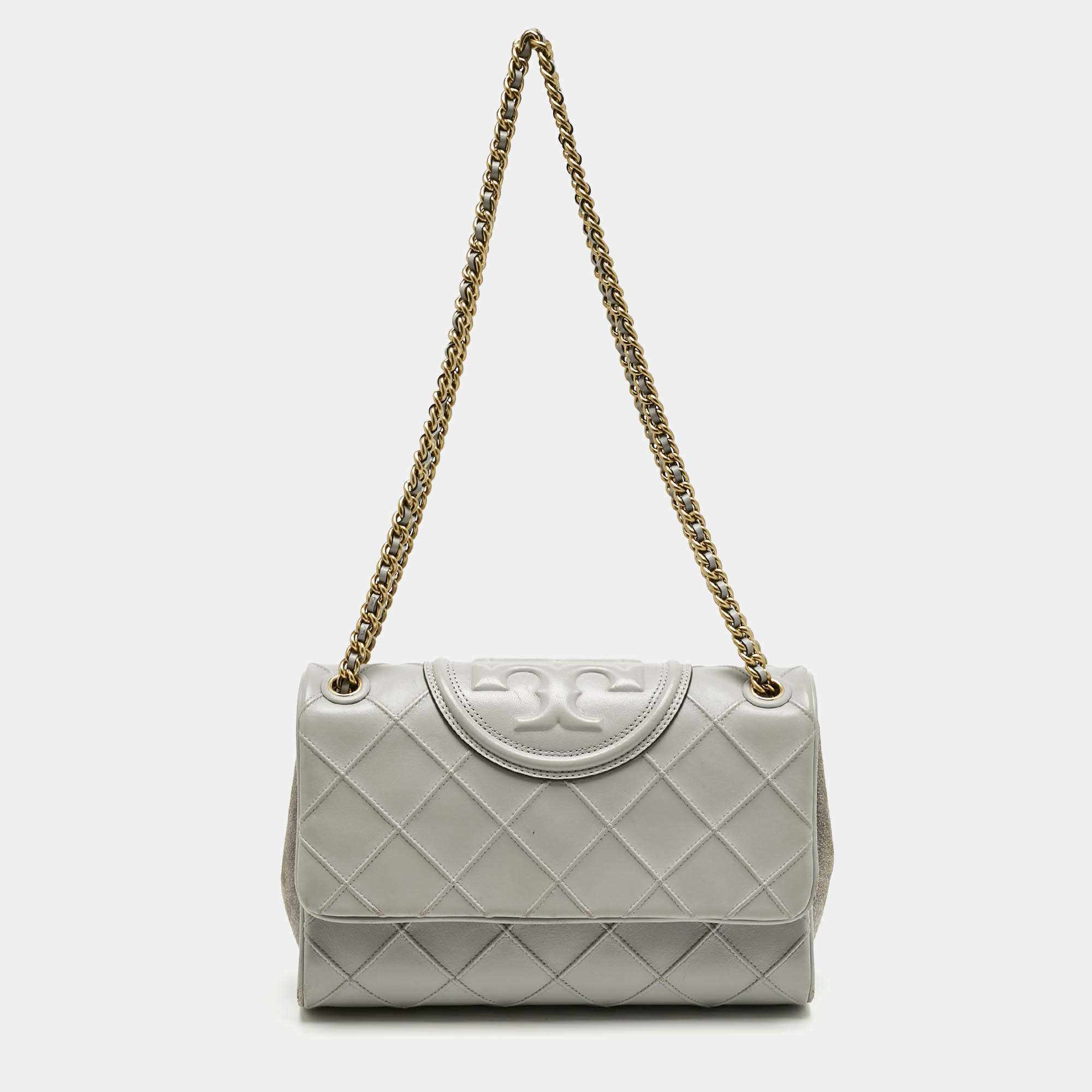 Pre Owned Tory Burch Grey Quilted Leather Fleming Soft Convertible Shoulder Bag