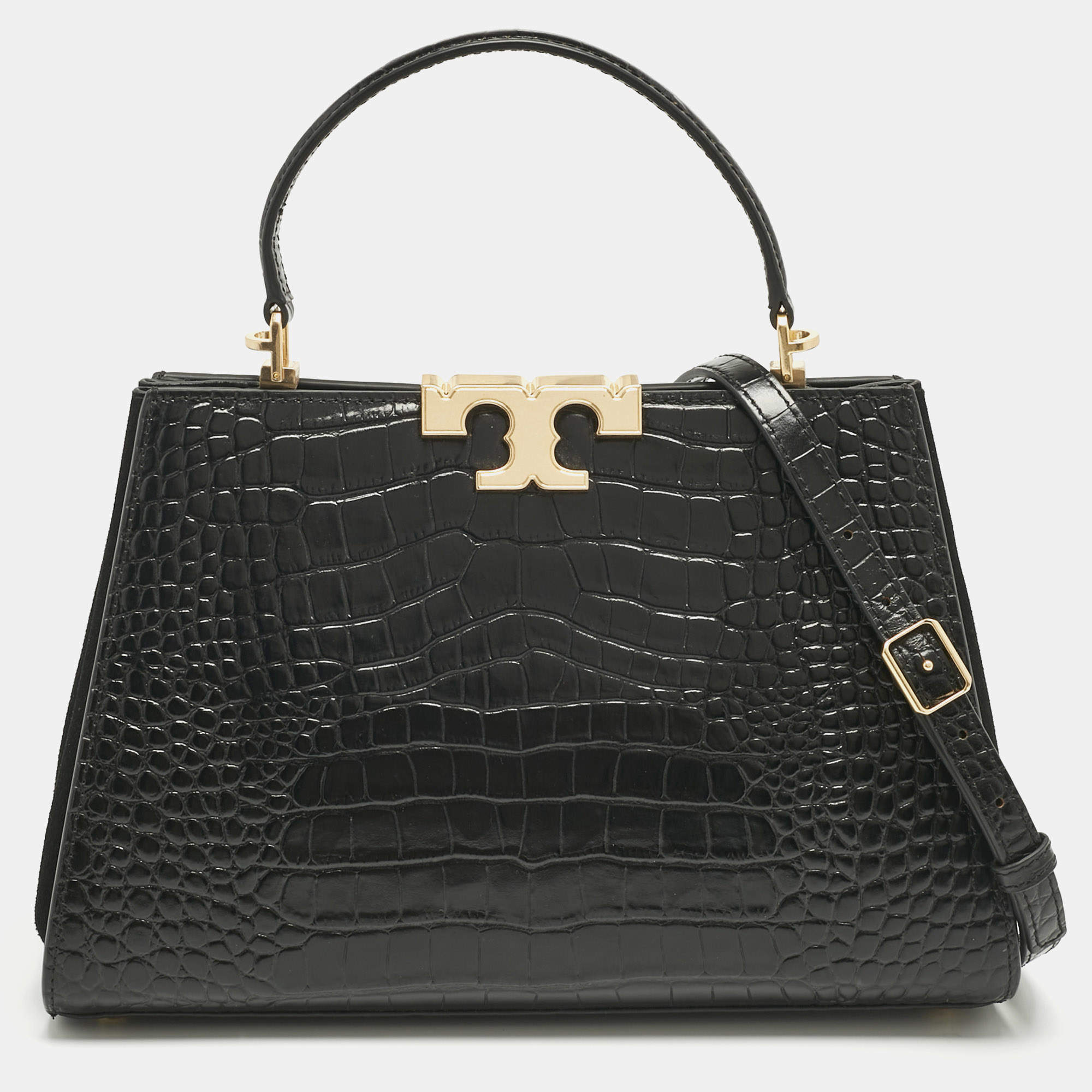Pre Owned Tory Burch Black Croc Embossed Leather and Suede Eleanor Top Handle Bag