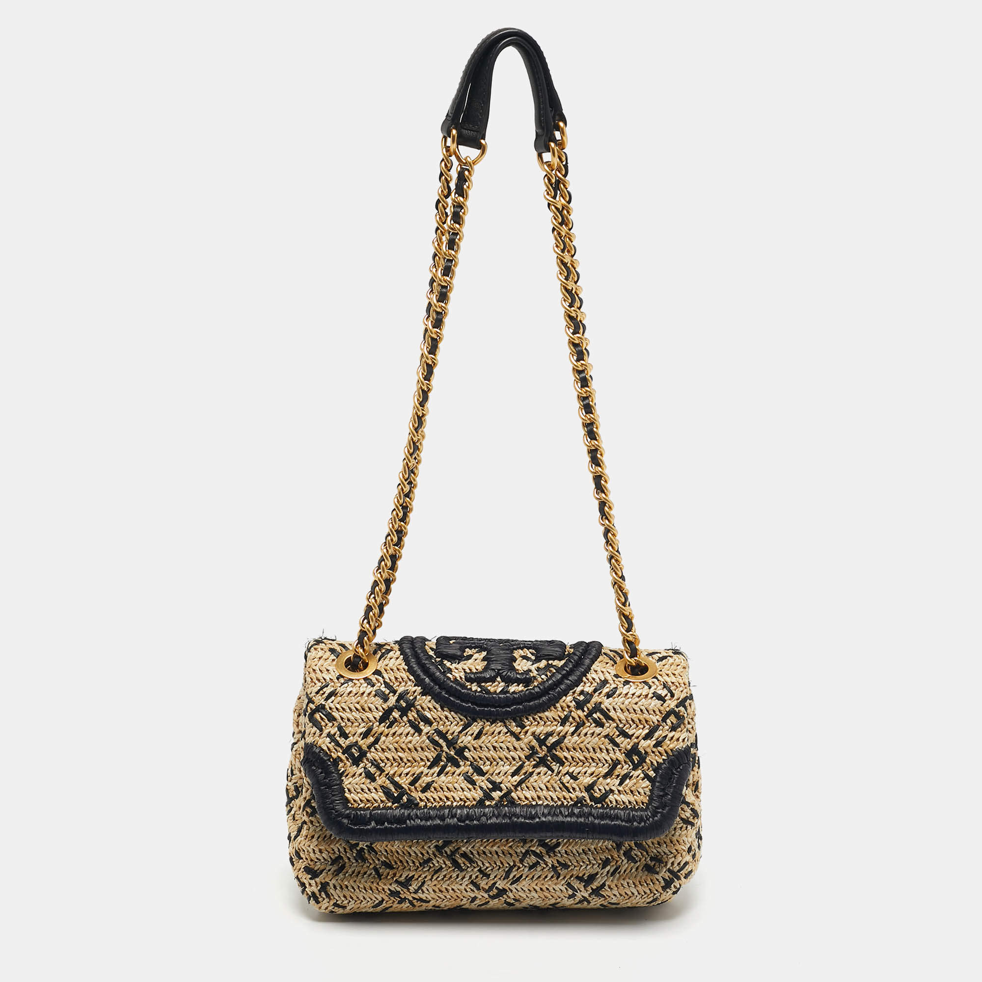 مملوكة مسبقًا Tory Burch Black/Natural Raffia Small Fleming Convertible Shoulder Bag