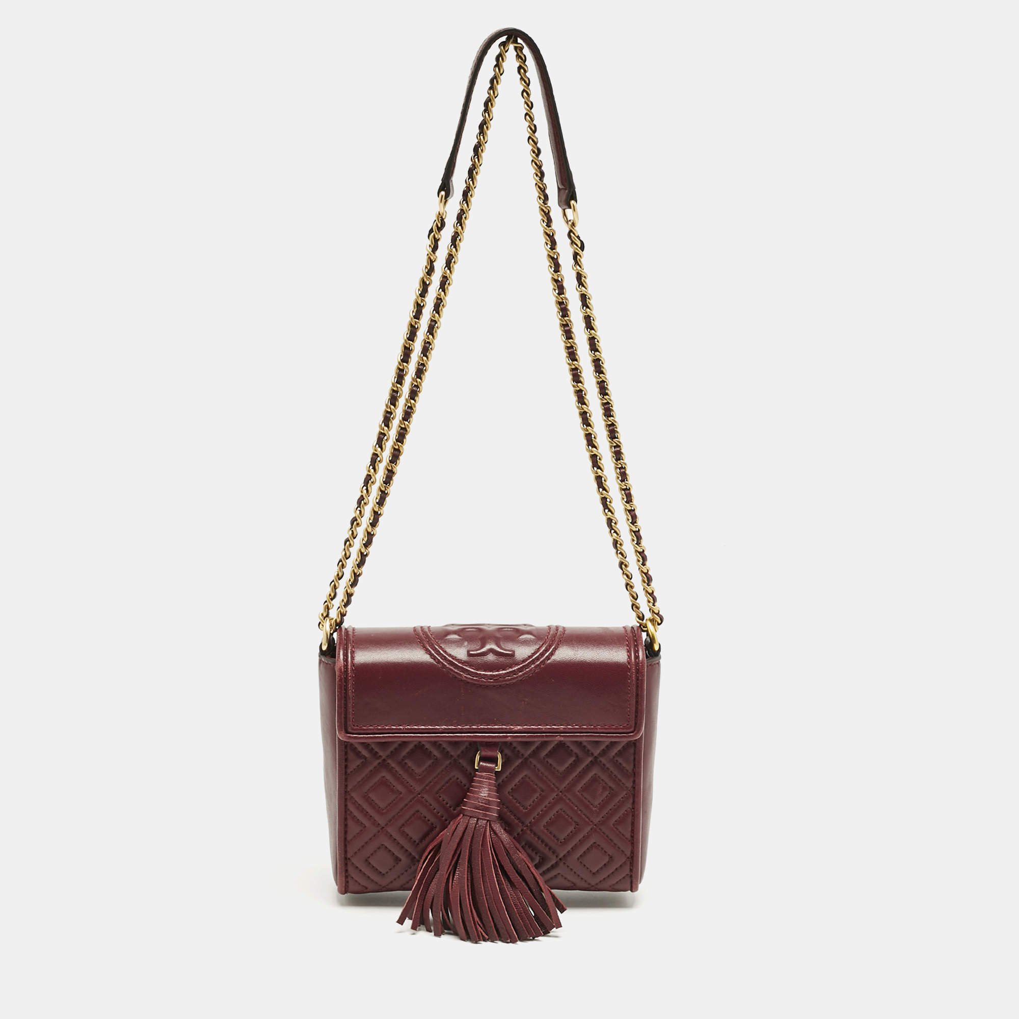 Pre Owned Tory Burch Burgundy Quilted Leather Fleming Tassel Crossbody Bag