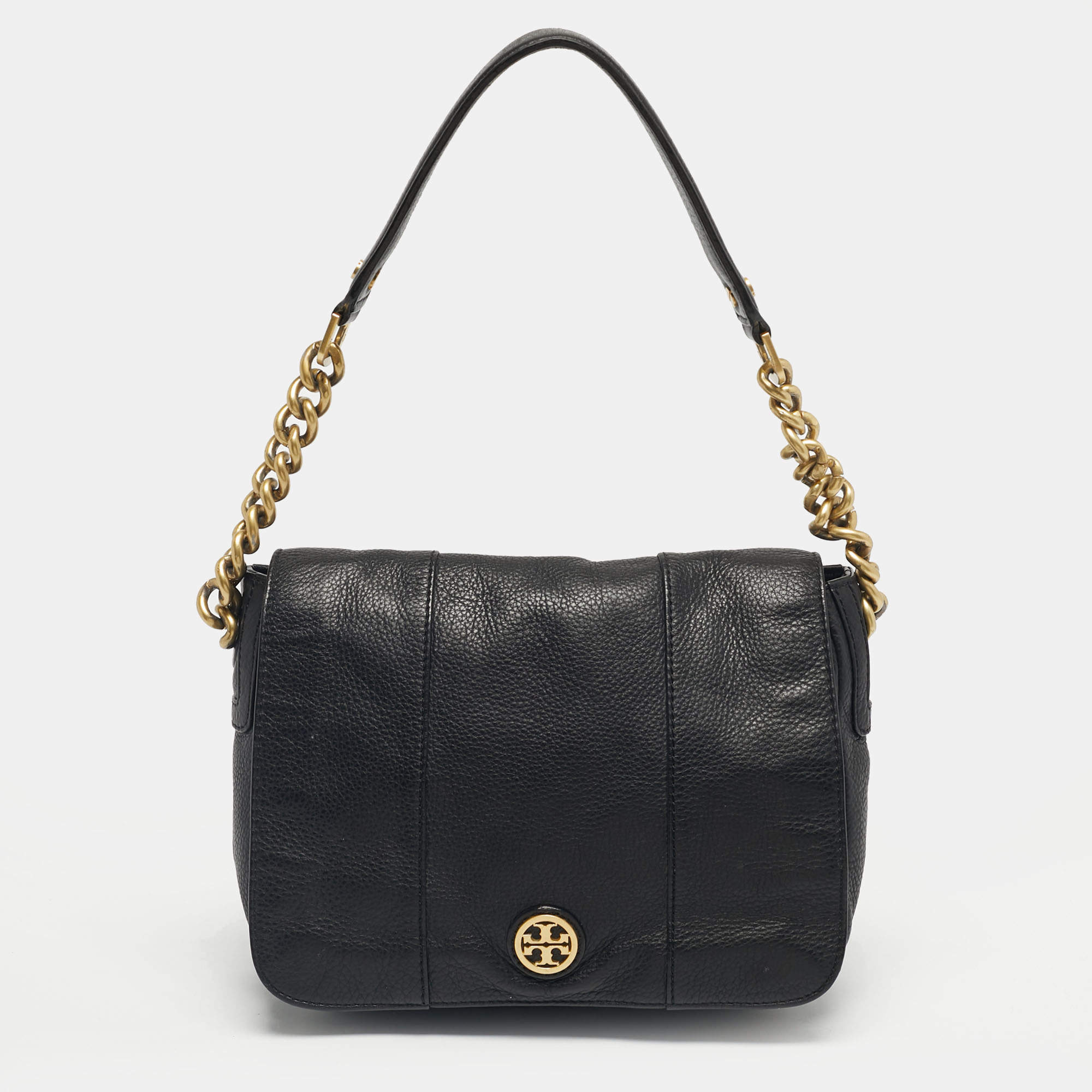 Pre Owned Tory Burch Black Leather Logo Flap Shoulder Bag