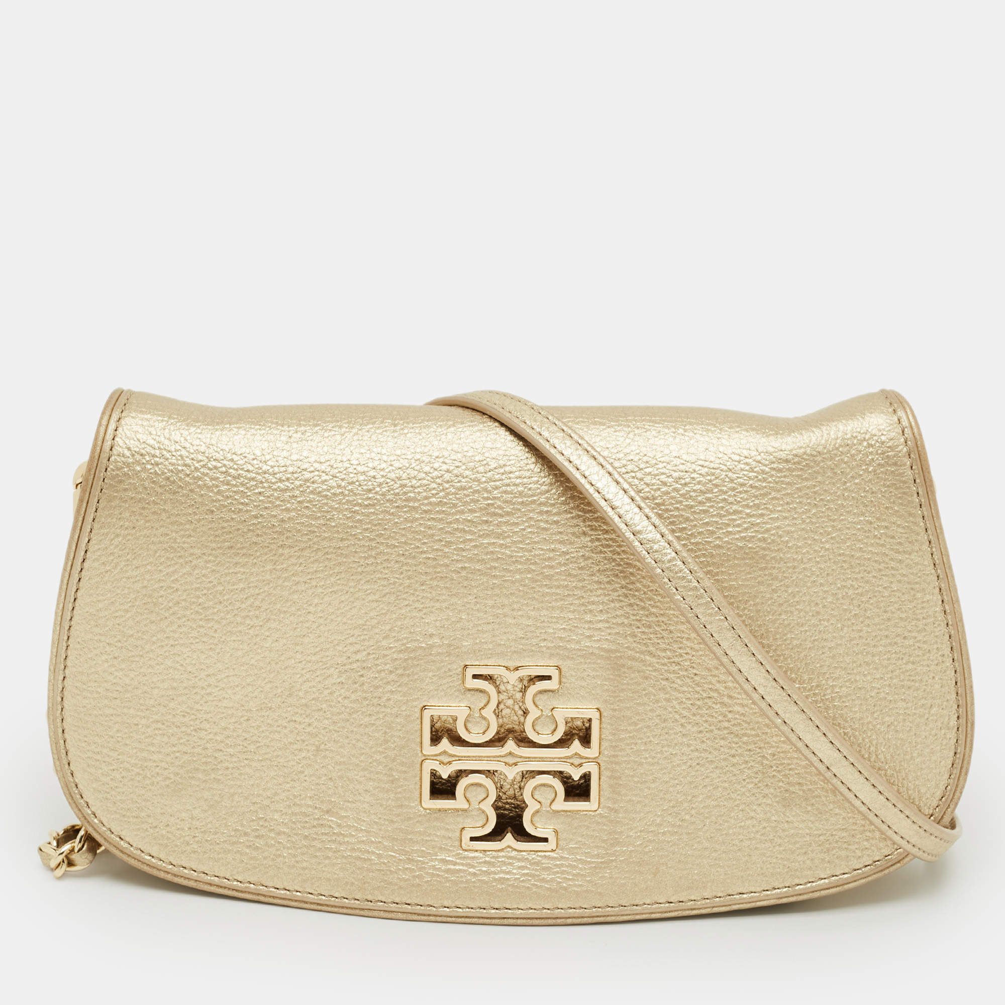 Pre Owned Tory Burch Gold Leather Britten Flap Crossbody Bag