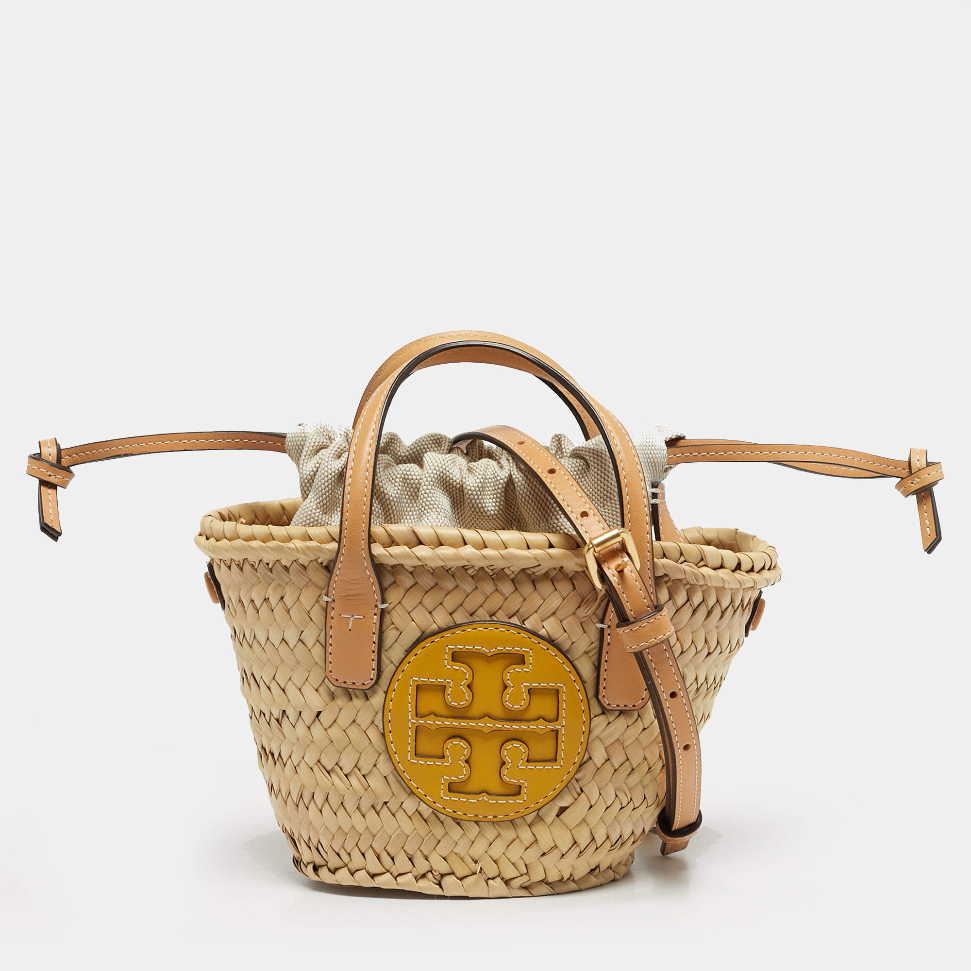 Pre Owned Tory Burch Tan/Natural Straw Mini Ella Basket Tote