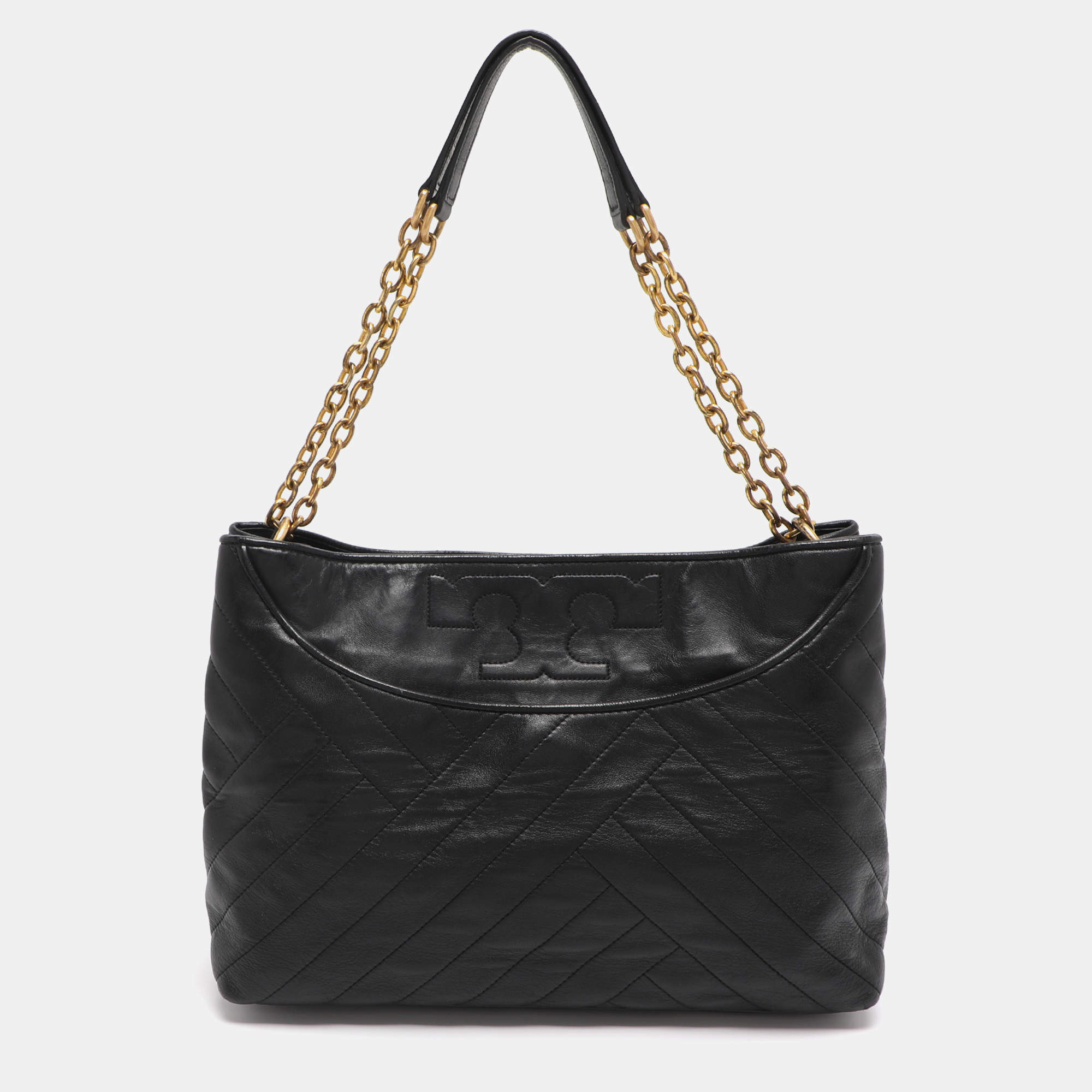 Pre Owned Tory Burch Black Quilted Leather Alexa Tote