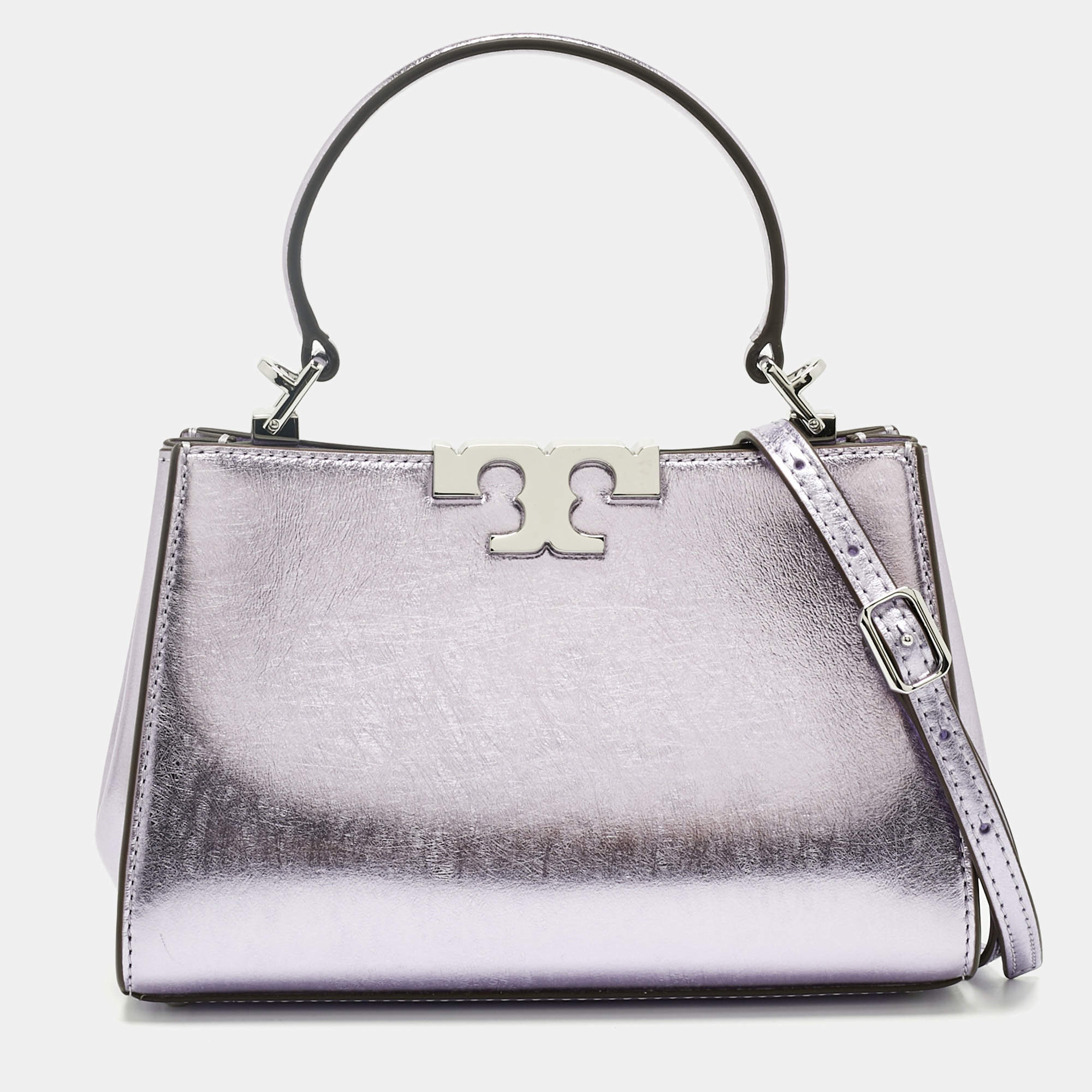 Pre Owned Tory Burch Metallic Purple Leather Mini Eleanor Top Handle Bag