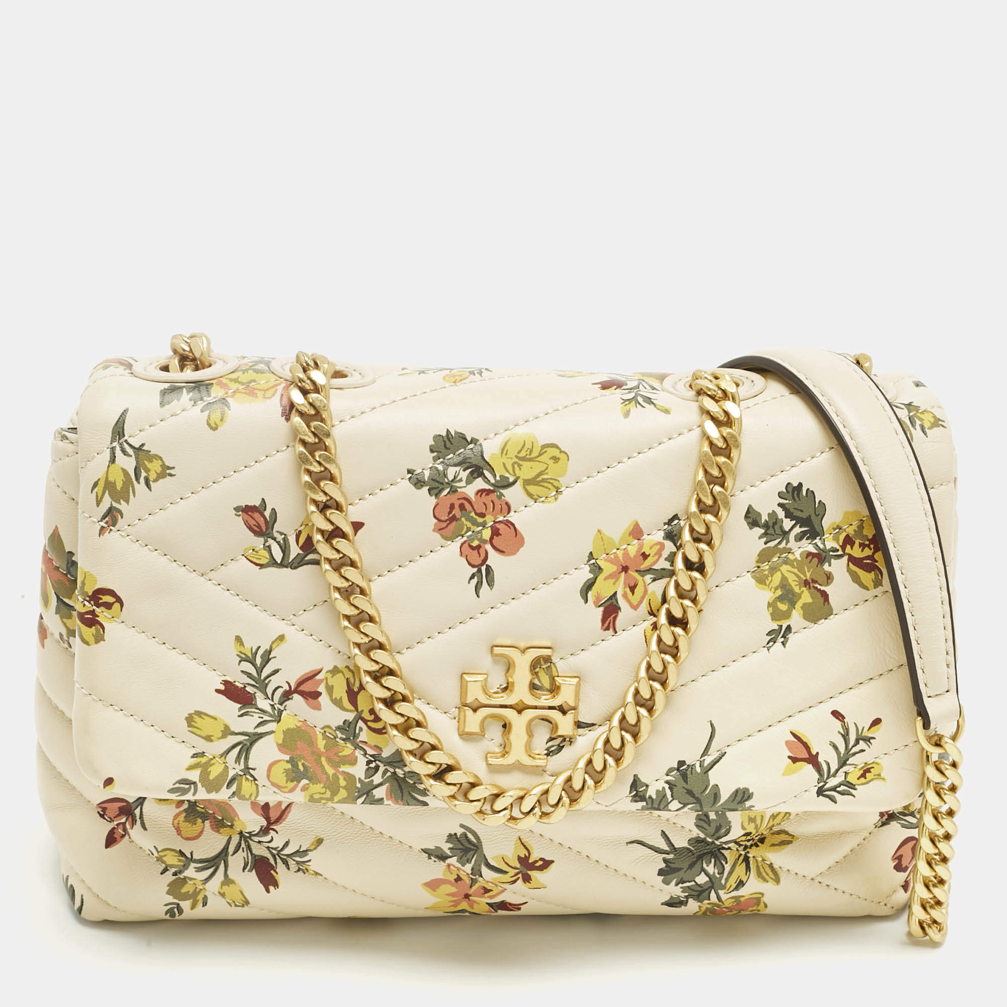 Pre Owned Tory Burch Beige/Yellow Quilted Leather Floral Kira Shoulder Bag