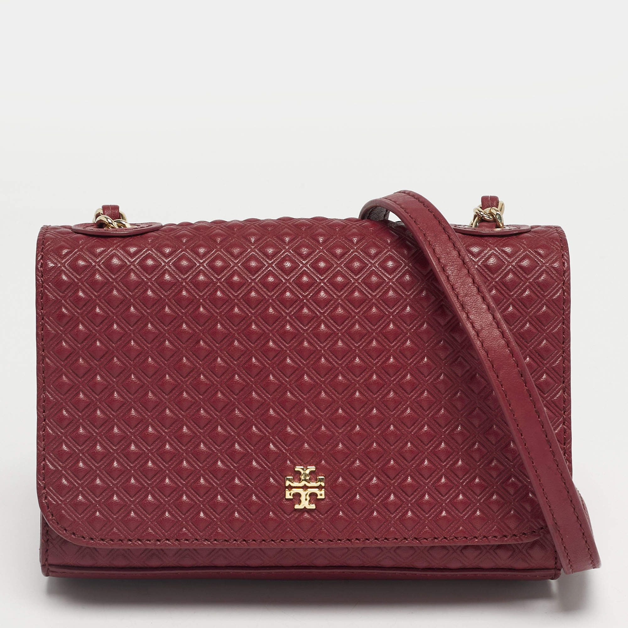 Pre Owned Tory Burch Burgundy Embossed Leather Marion Shoulder Bag