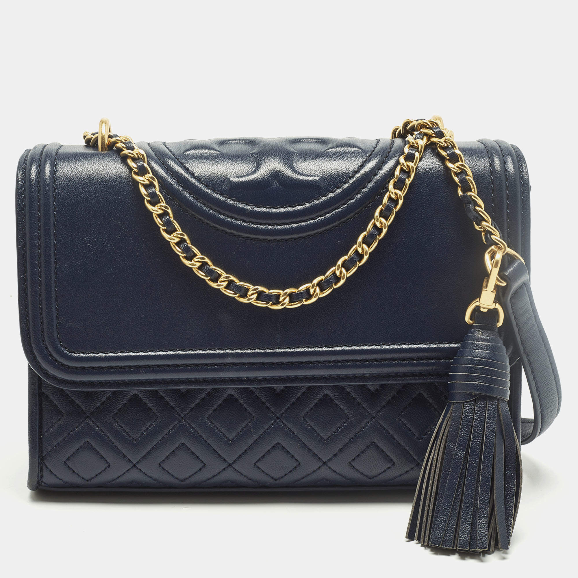 مملوكة مسبقًا Tory Burch Fleming Small Navy Blue Leather Shoulder Bag