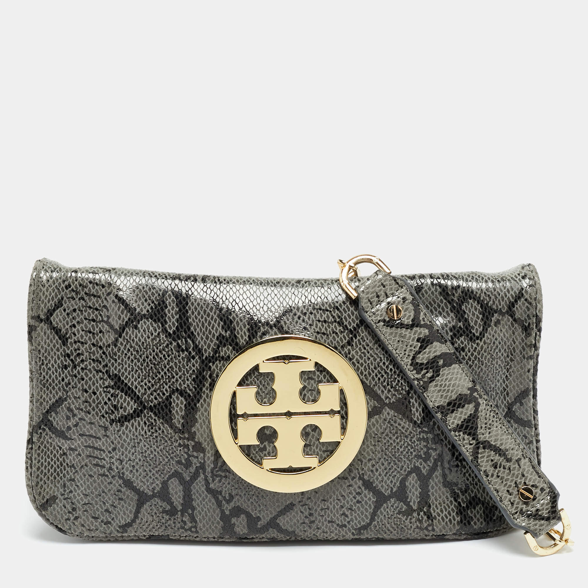 مملوكة مسبقًا حقيبة كتف توري برش ريفا سويدي بنقشة البيثون الرمادي