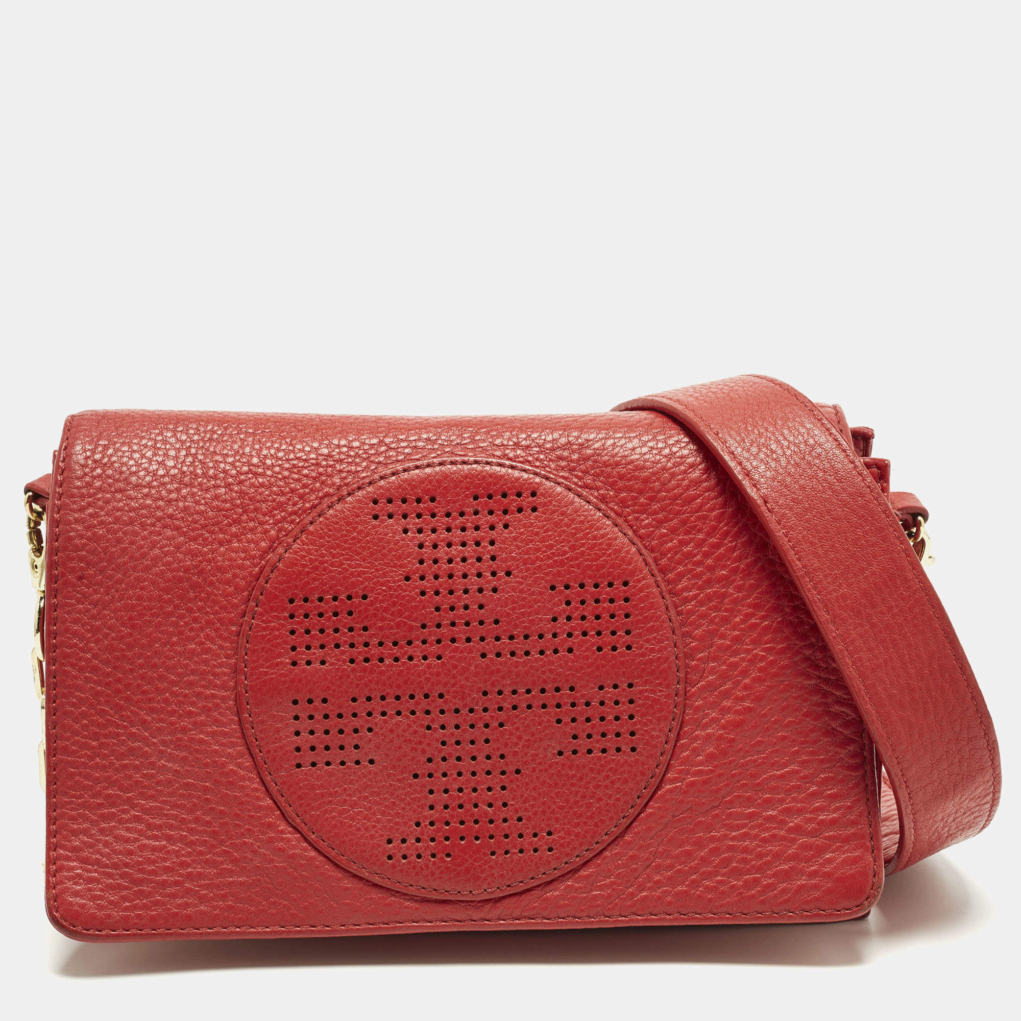 مملوكة مسبقًا Tory Burch Perforated Logo Flap Red Leather Crossbody Bag