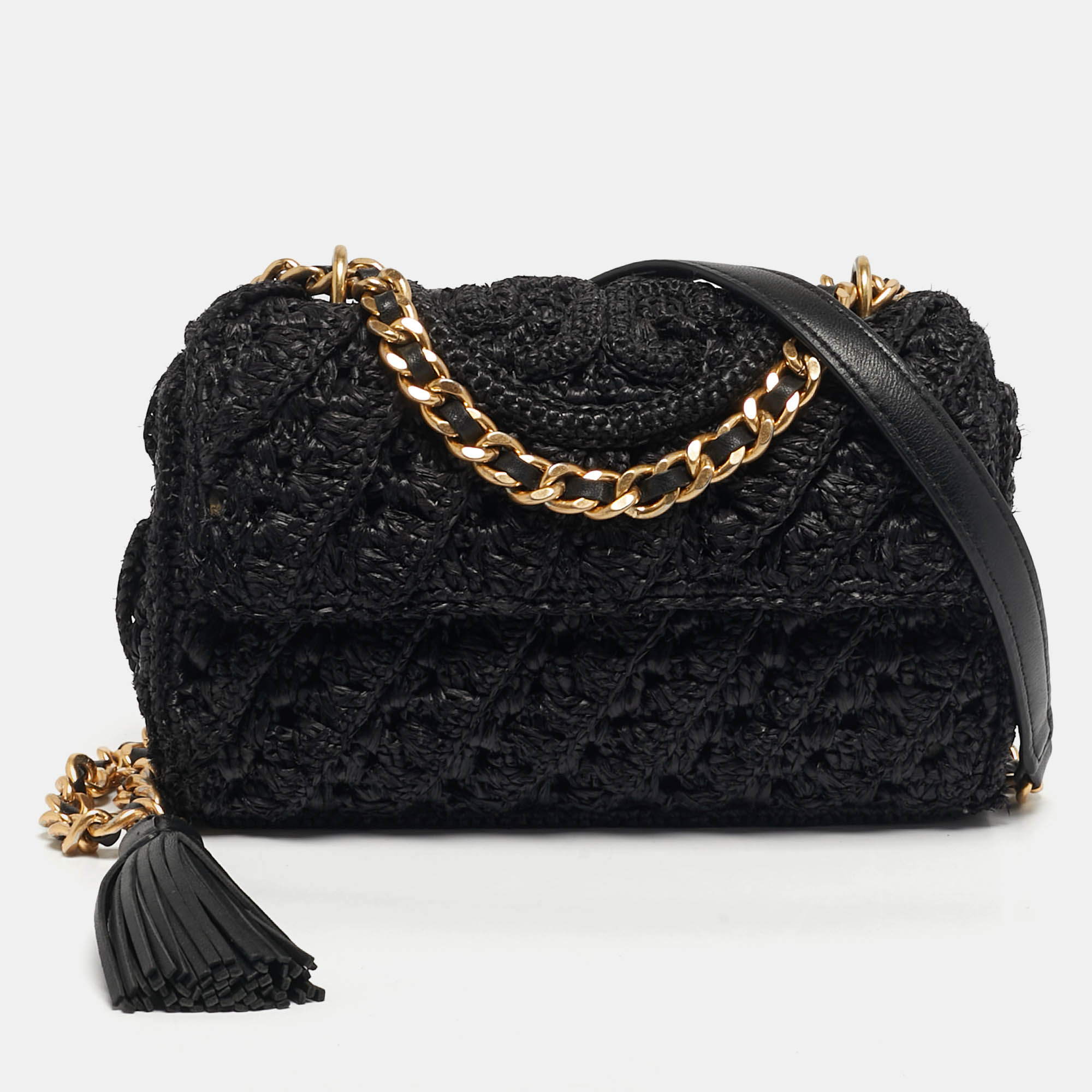 Pre Owned Tory Burch Fleming Crochet Small Black Straw Shoulder Bag
