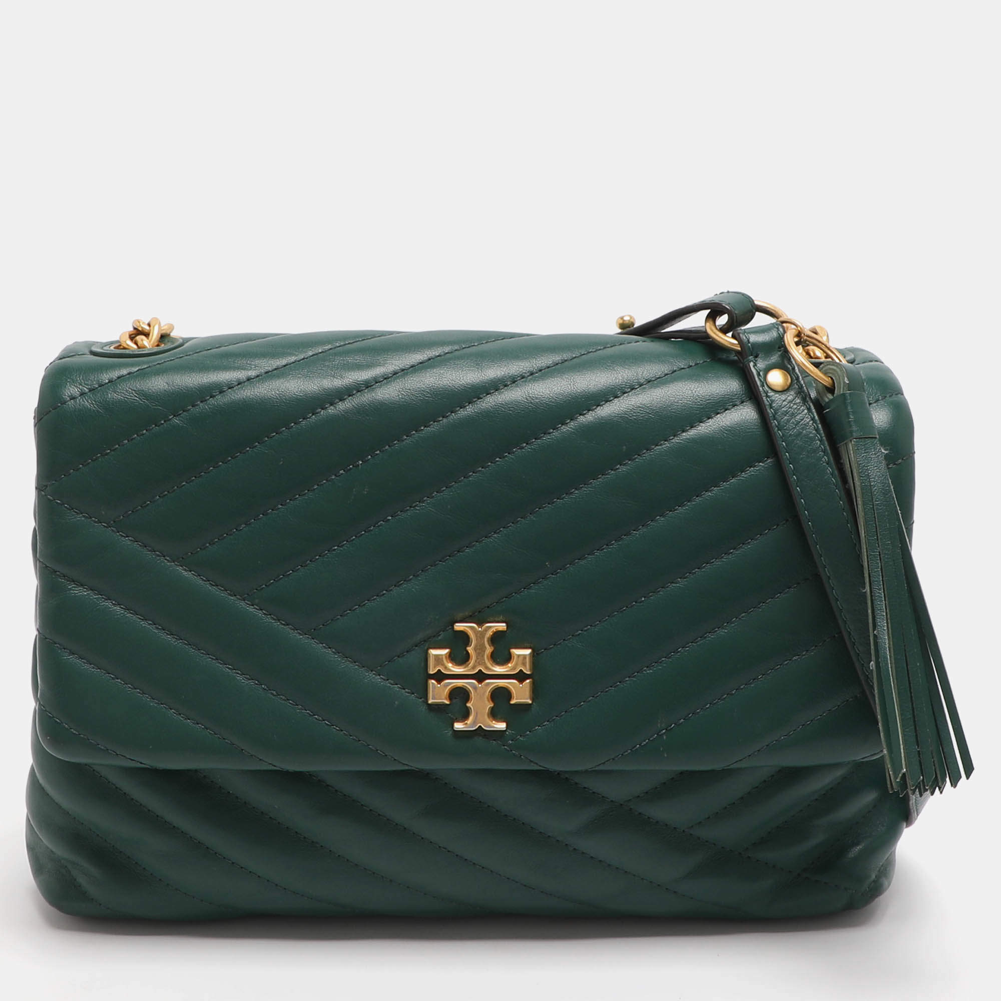 Pre Owned Tory Burch Kira Green Chevron Leather Shoulder Bag
