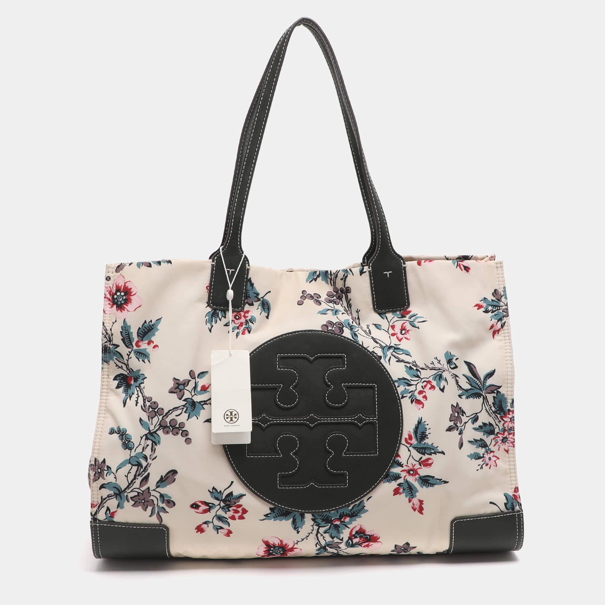 Pre Owned Tory Burch Ella Onesize Green/Multicolor Lyonnaise Floral Print Leather and Nylon Shopper Tote